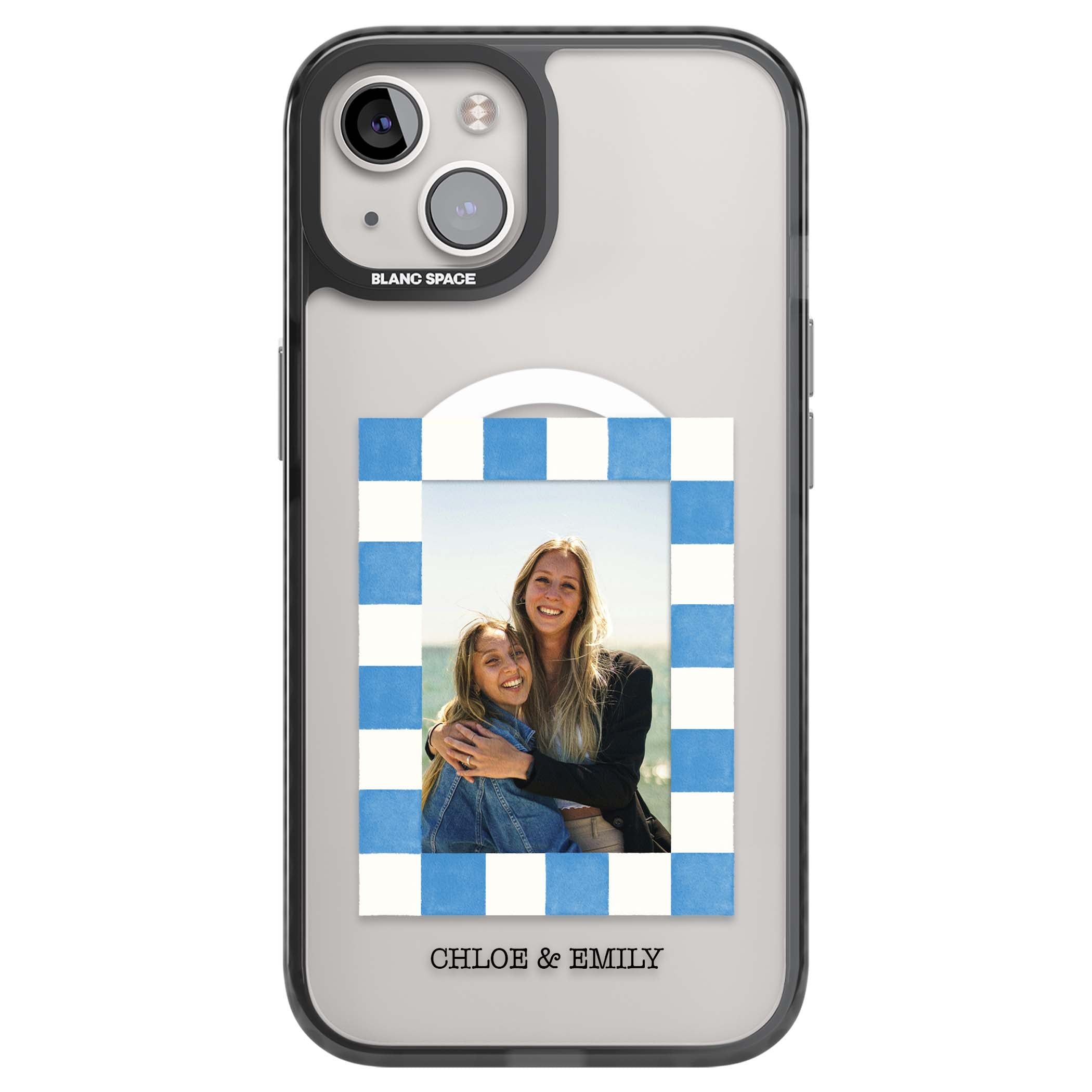Blue Check Photo personalised photo iPhone case with blue checkered frame and custom couple names | Black Impact Magsafe case for iPhone 13, iPhone 14, iPhone 15