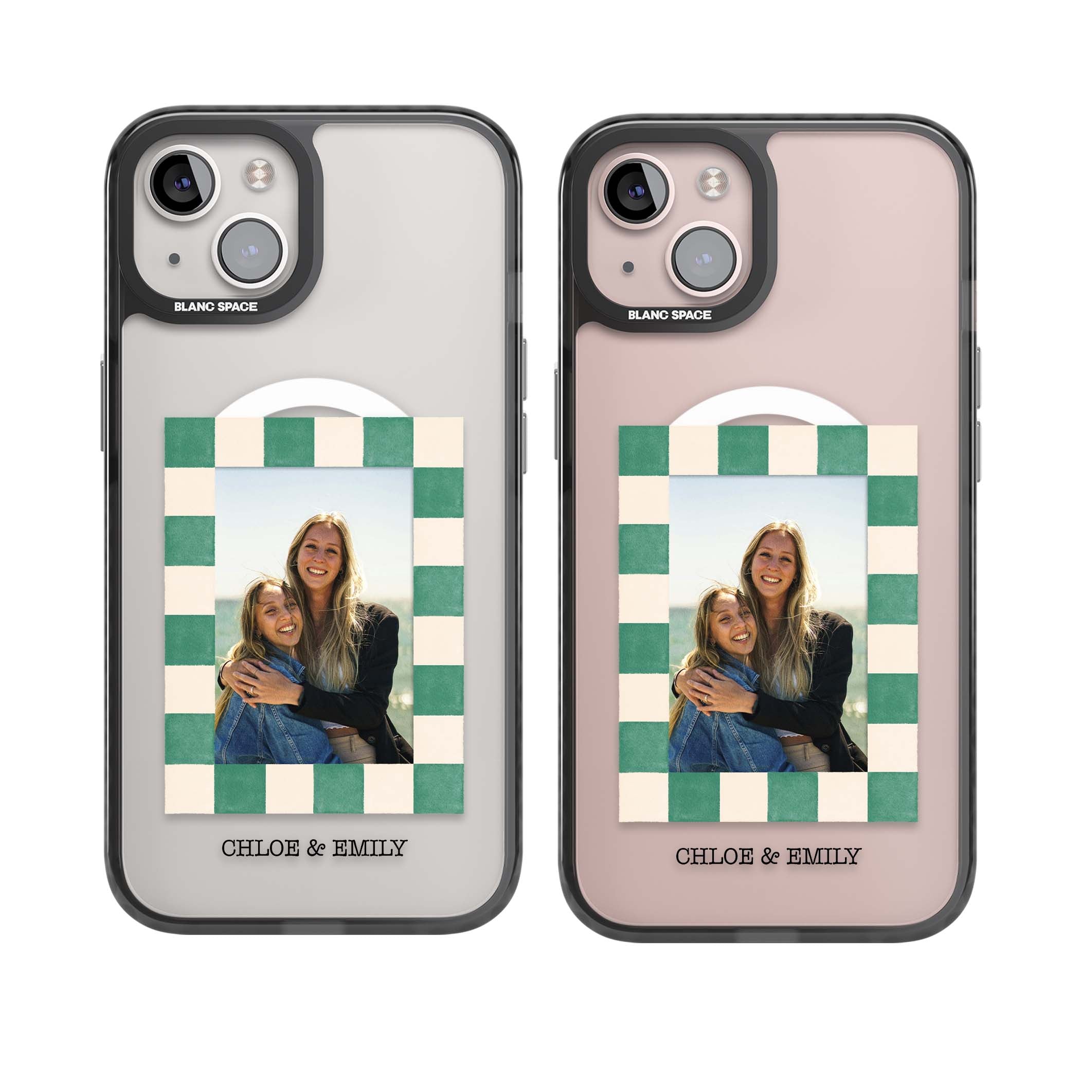 Seafoam Check Photo personalised iPhone case featuring a custom polaroid photo, green and cream checkered frame, and custom n | Black Impact Magsafe case for iPhone 13, iPhone 14, iPhone 15