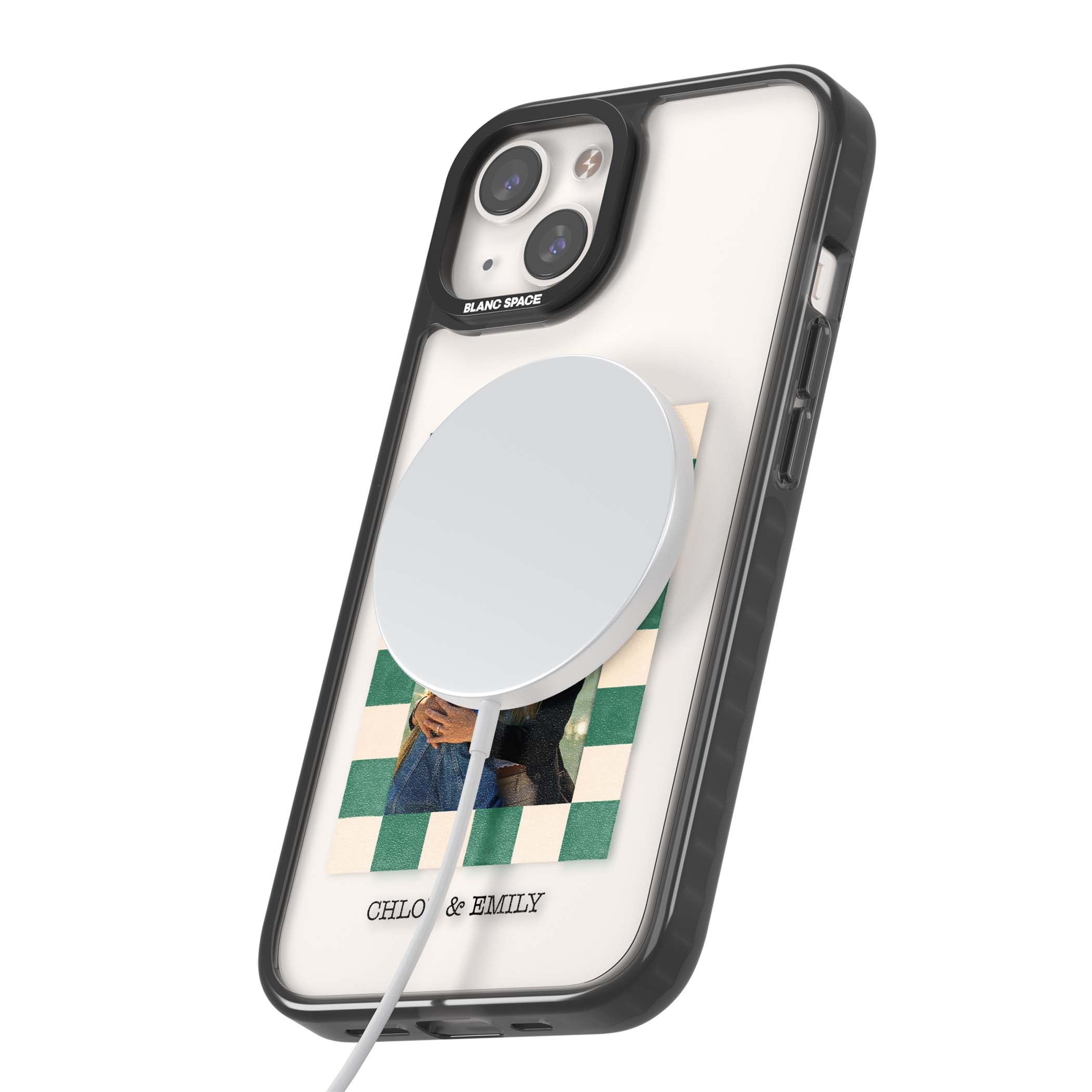 Seafoam Check Photo personalised iPhone case featuring a custom polaroid photo, green and cream checkered frame, and custom n | Black Impact Magsafe case for iPhone 13, iPhone 14, iPhone 15