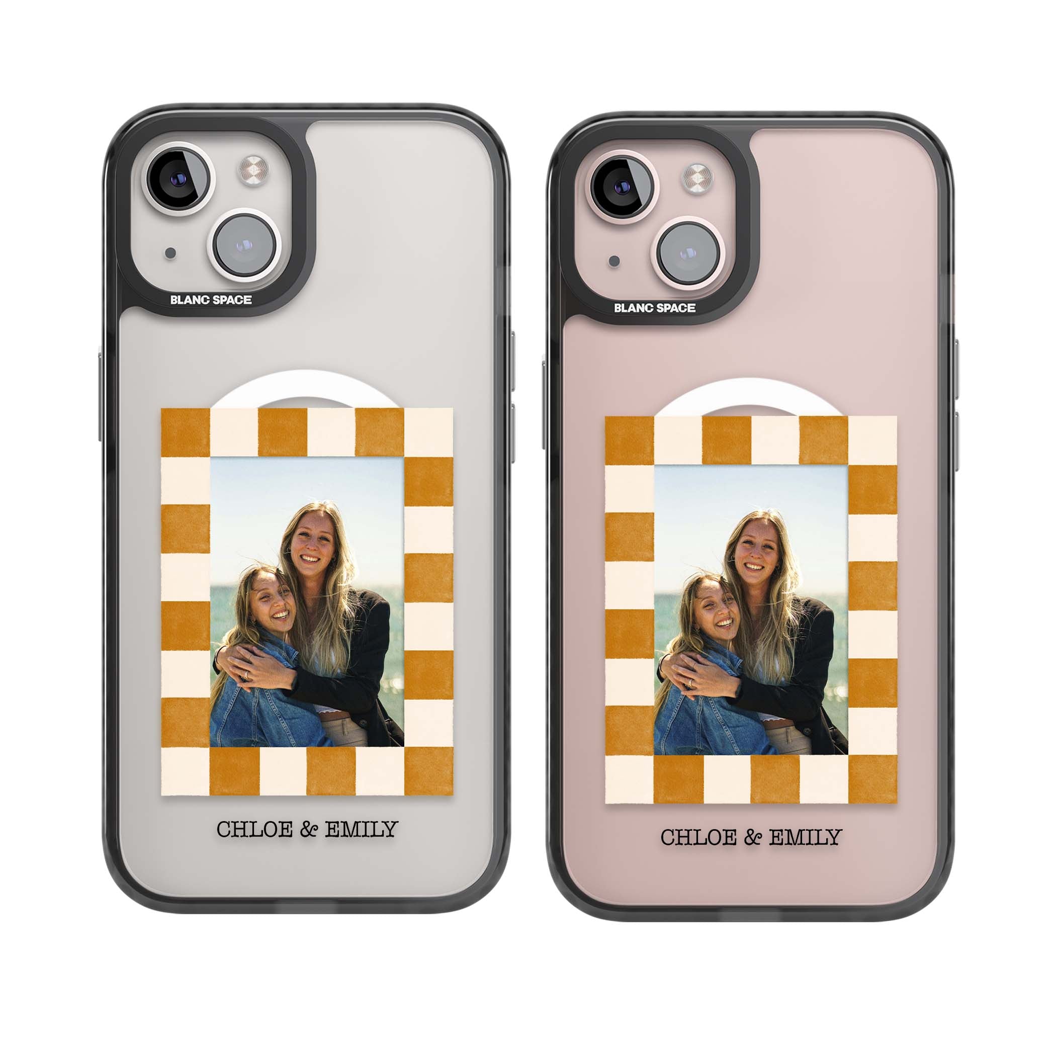 Citrus Check Photo personalised iPhone case with custom photo, orange checkered frame and names underneath | Black Impact Magsafe case for iPhone 13, iPhone 14, iPhone 15