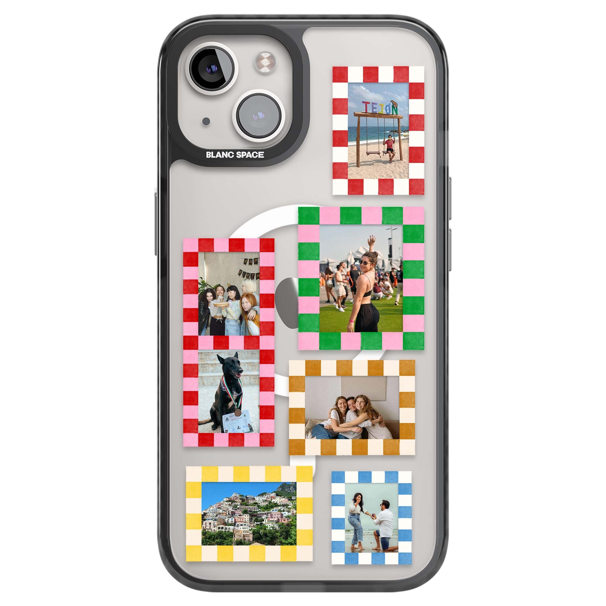 Italian Check Frames custom photo collage iPhone case featuring six checkered photo frames in red, green, pink and | Black Impact Magsafe case for iPhone 13, iPhone 14, iPhone 15