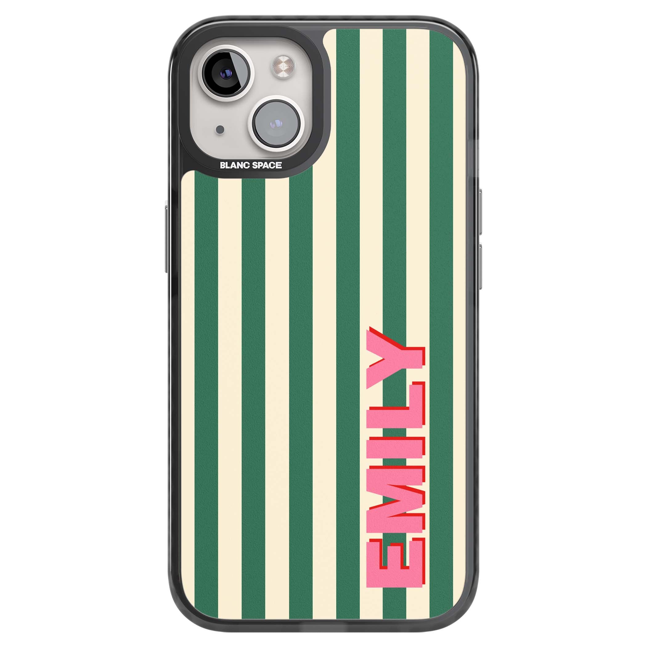 Wimbledon Stripe preppy iPhone case featuring green and cream vertical stripes with a personalised pink name | Black Impact Magsafe case for iPhone 13, iPhone 14, iPhone 15