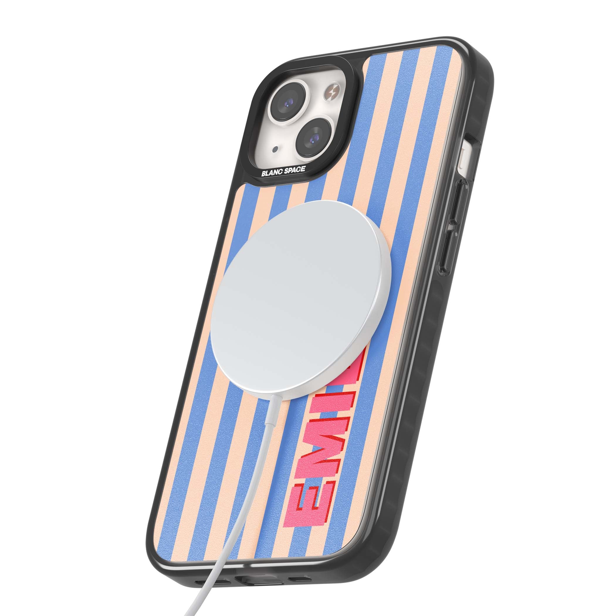Coastal Stripe personalised coastal iPhone case with blue and peach vertical stripes and custom pink name | Black Impact Magsafe case for iPhone 13, iPhone 14, iPhone 15