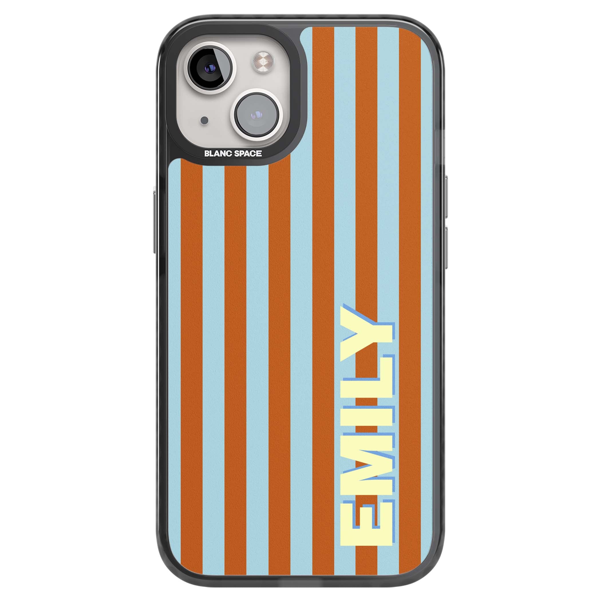 Cappadocia Stripe personalised coastal iPhone case featuring blue and orange vertical stripes with custom cream name | Black Impact Magsafe case for iPhone 13, iPhone 14, iPhone 15