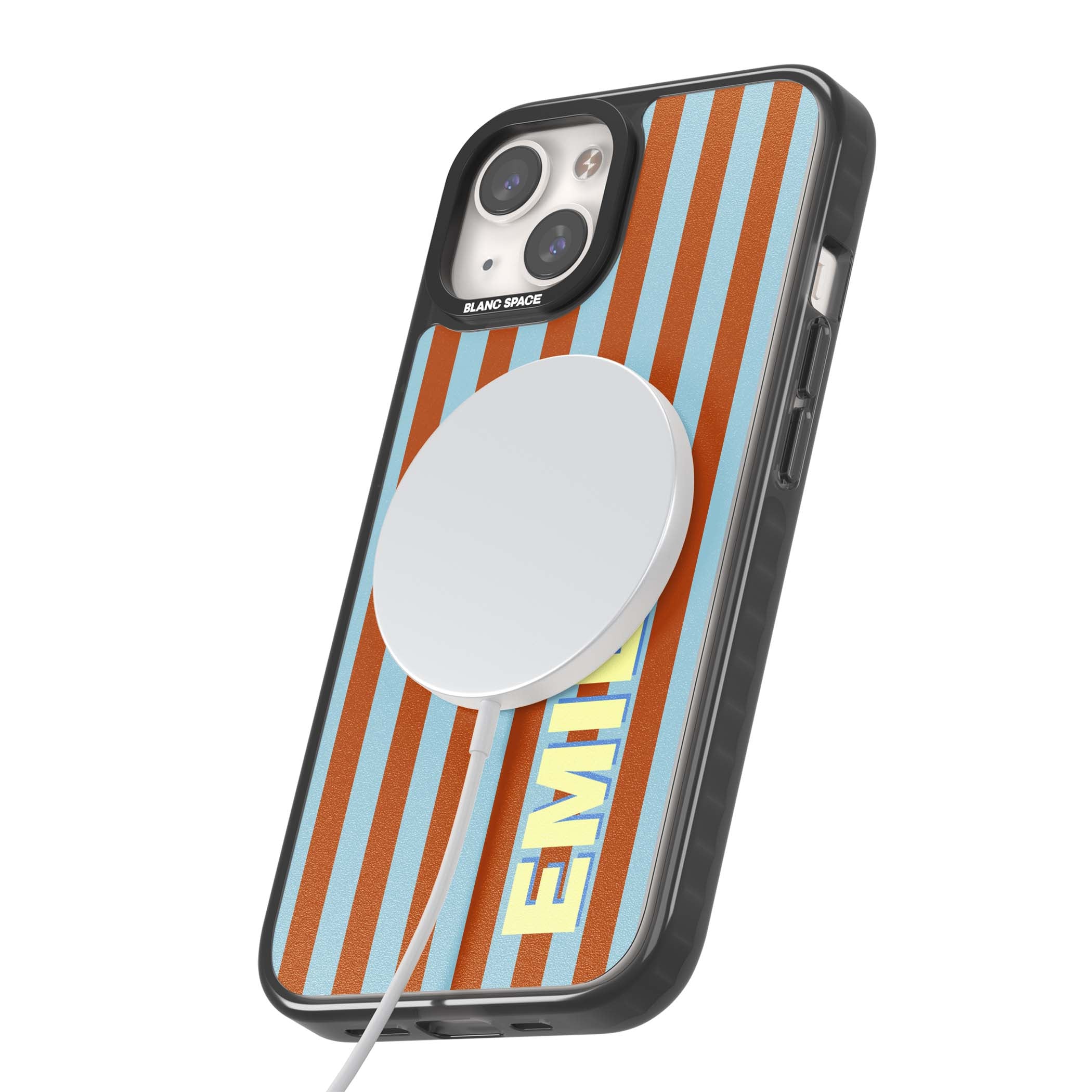 Cappadocia Stripe personalised coastal iPhone case featuring blue and orange vertical stripes with custom cream name | Black Impact Magsafe case for iPhone 13, iPhone 14, iPhone 15