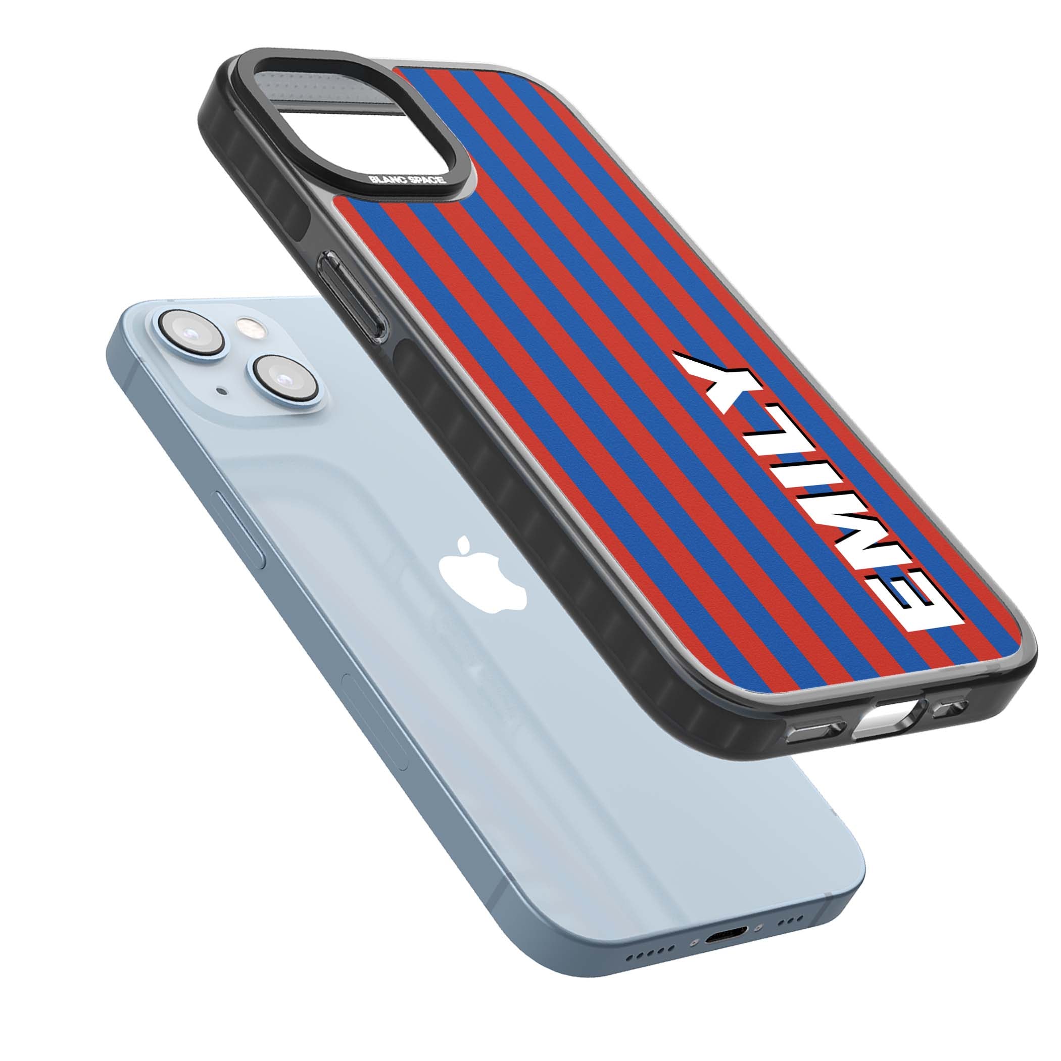Cuban Stripe personalised iPhone case featuring red and blue vertical stripes with custom name in bold white letters | Black Impact Magsafe case for iPhone 13, iPhone 14, iPhone 15