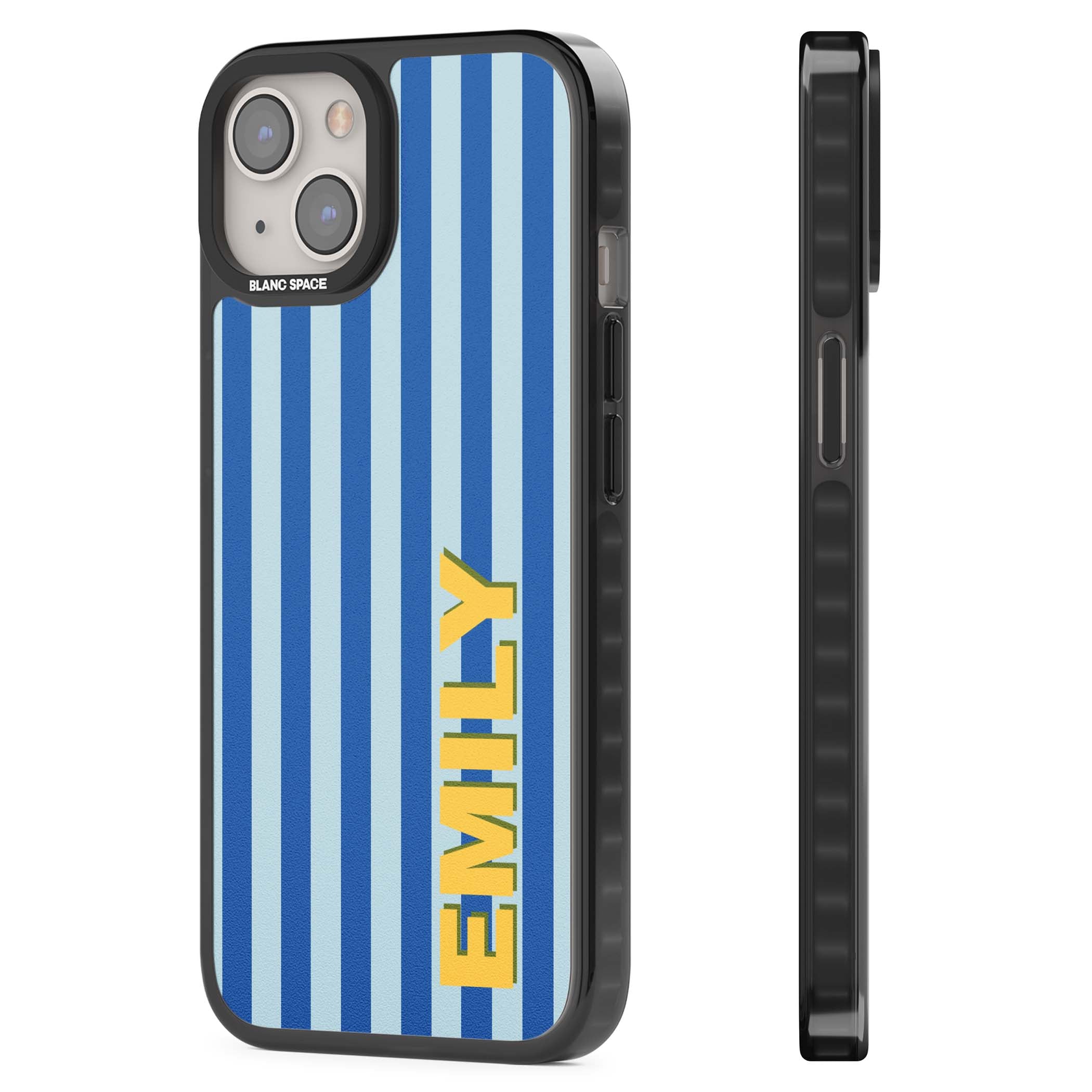 Athenian Stripe personalised preppy iPhone case featuring blue vertical stripes and a custom yellow name | Black Impact Magsafe case for iPhone 13, iPhone 14, iPhone 15