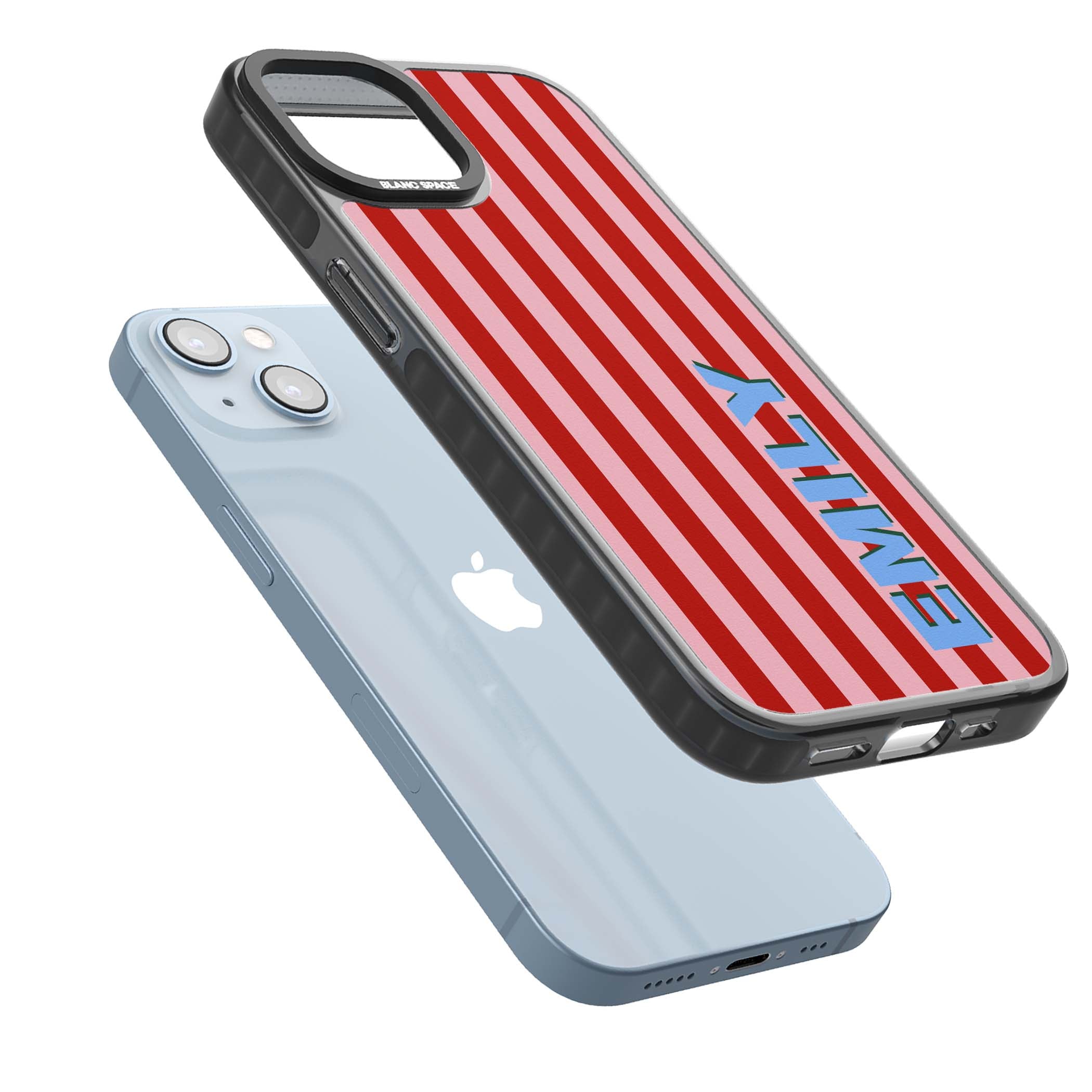 Market Stripe personalised iPhone case with red and pink vertical stripes and custom blue name | Black Impact Magsafe case for iPhone 13, iPhone 14, iPhone 15