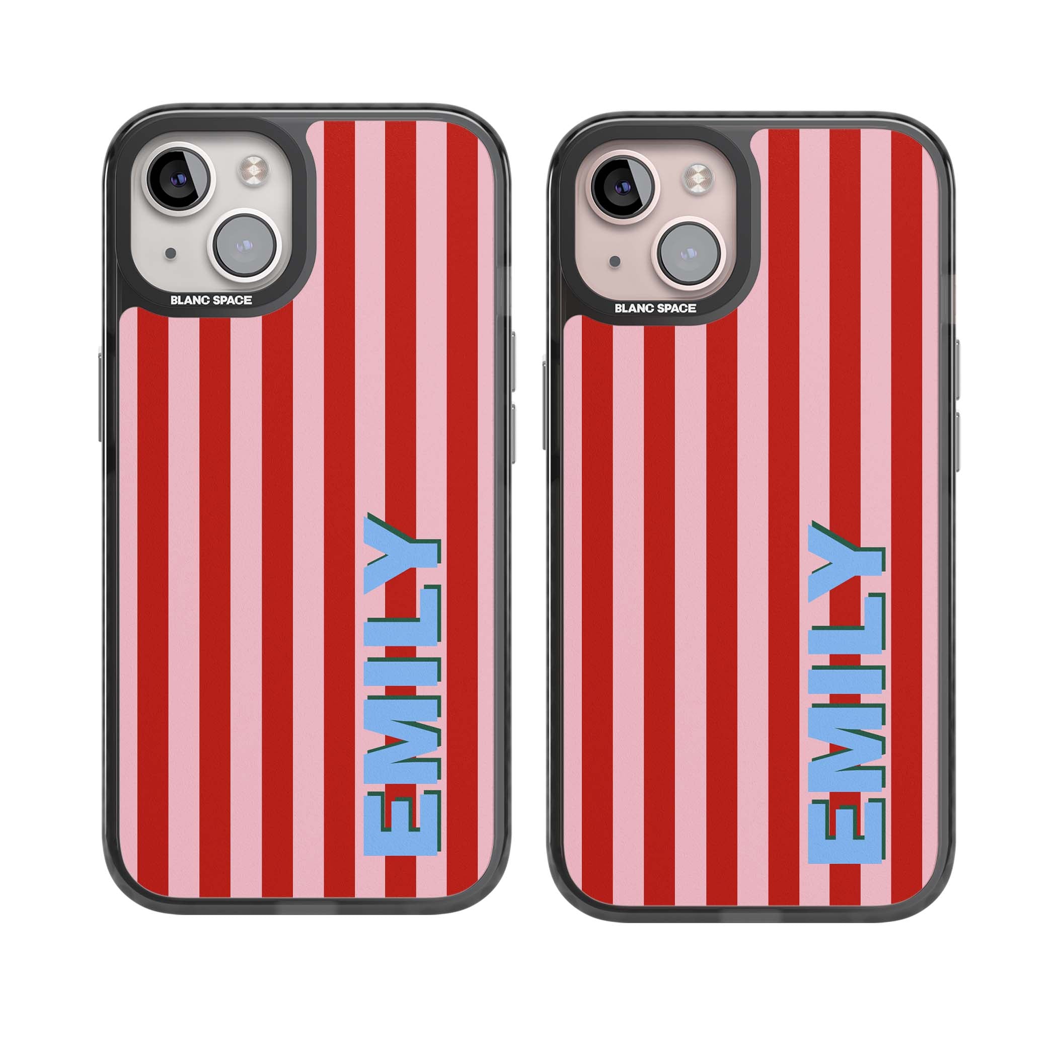 Market Stripe personalised iPhone case with red and pink vertical stripes and custom blue name | Black Impact Magsafe case for iPhone 13, iPhone 14, iPhone 15