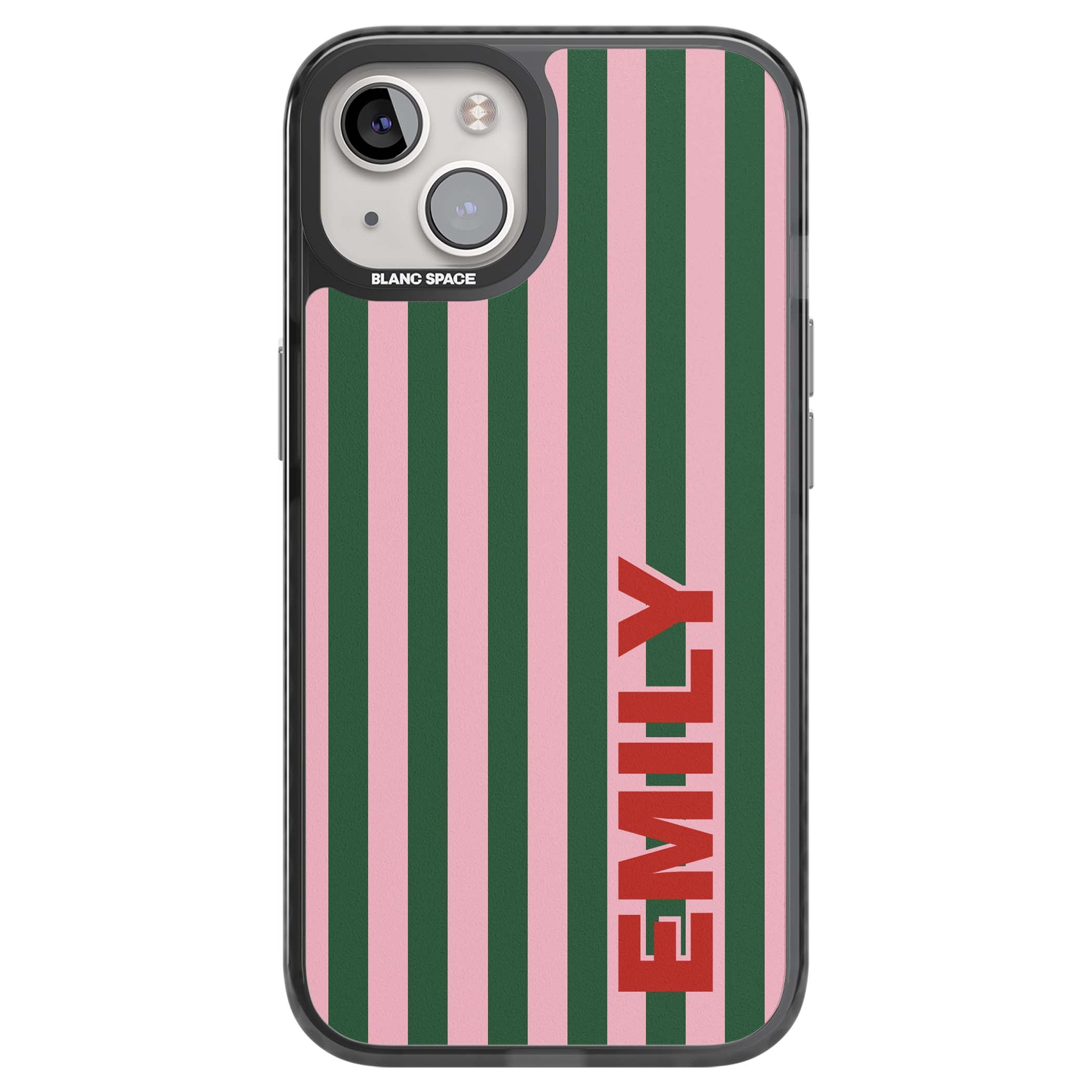 Italian Stripe preppy iPhone case featuring pink and green vertical stripes with personalised red name | Black Impact Magsafe case for iPhone 13, iPhone 14, iPhone 15