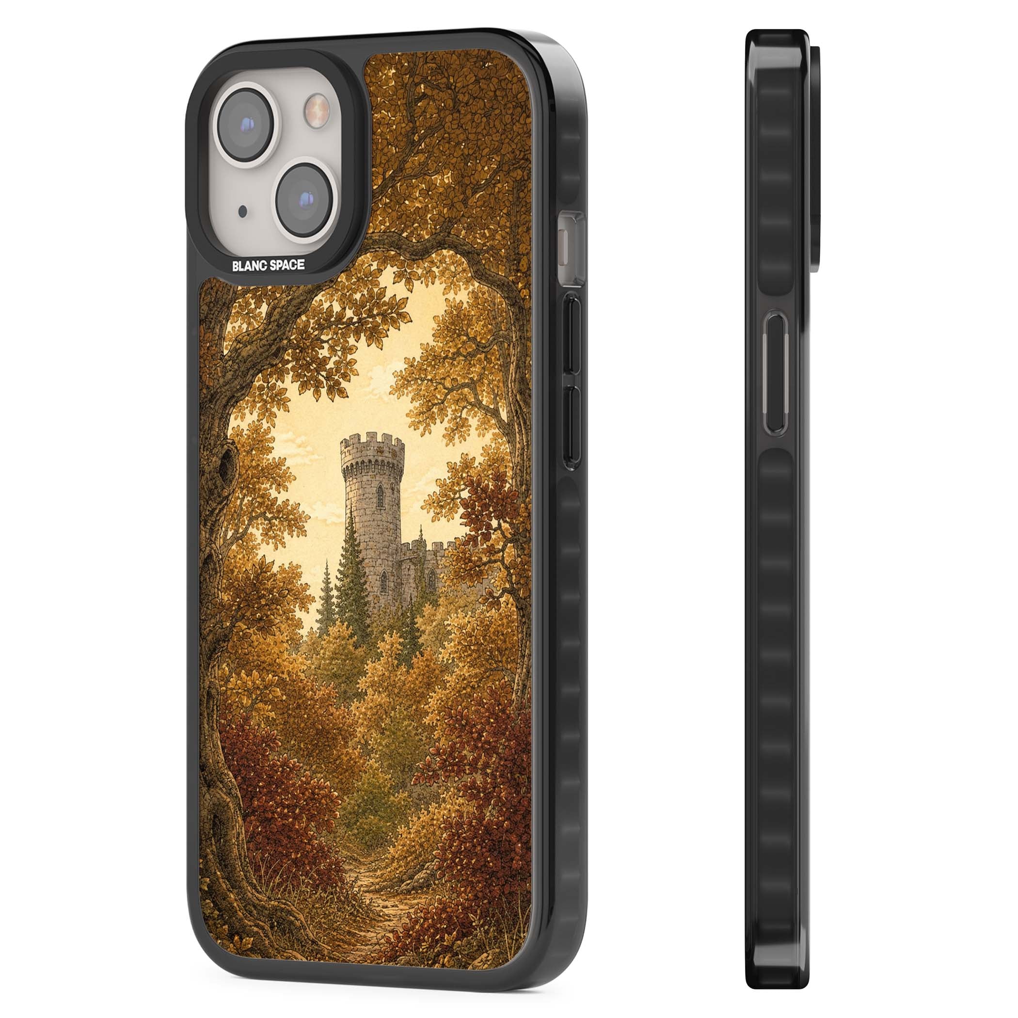 Autumn Keep cottagecore iPhone case featuring a medieval castle tower framed by golden autumn trees and woodland foliage | Black Impact Magsafe case for iPhone 13, iPhone 14, iPhone 15
