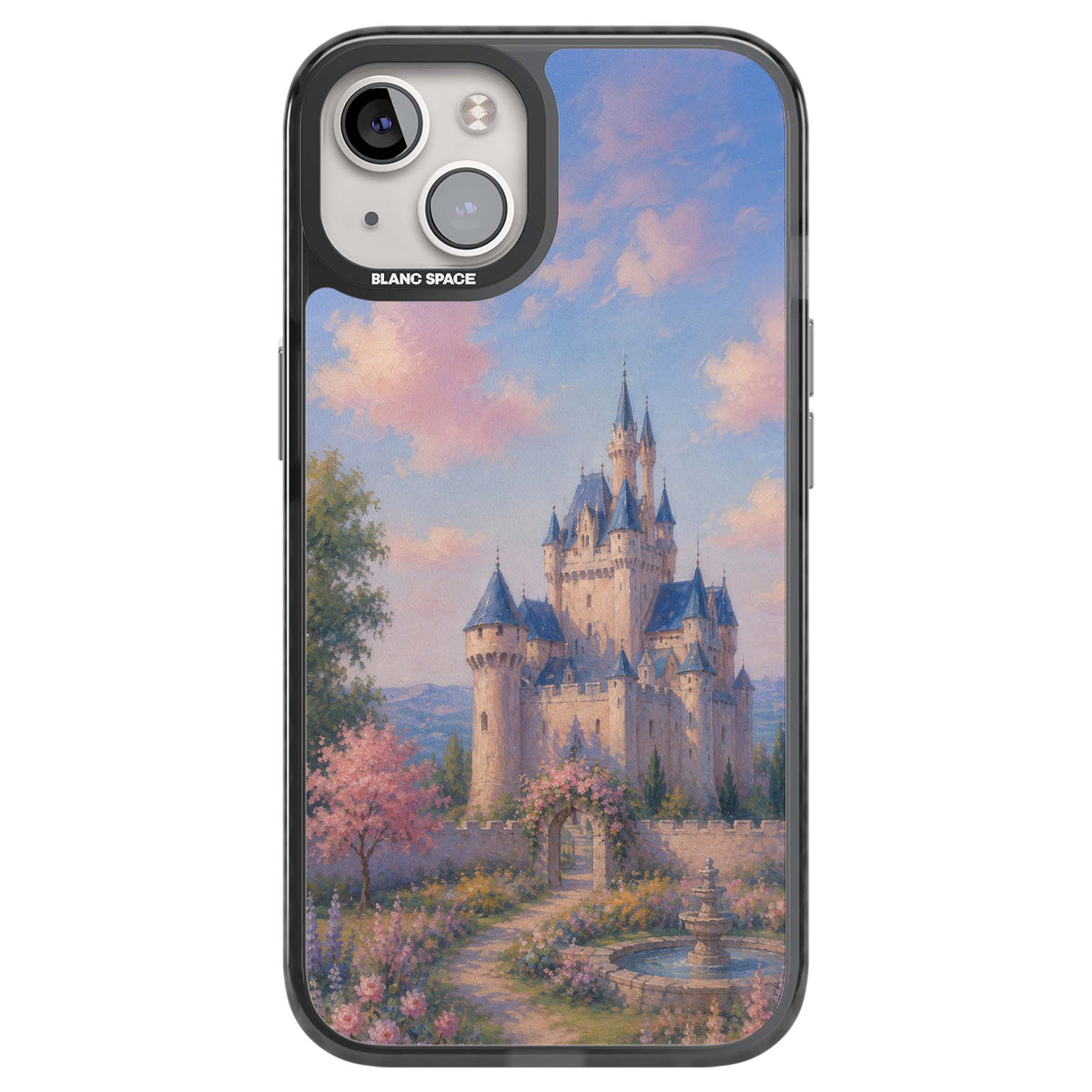 Enchanted Kingdom fairytale iPhone case featuring a romantic castle painting with cherry blossoms and pastel pink sky | Black Impact Magsafe case for iPhone 13, iPhone 14, iPhone 15