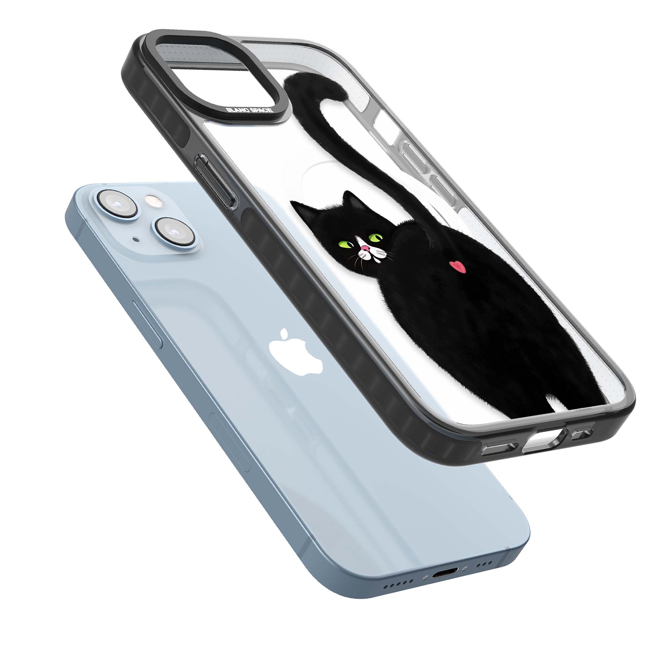 The Cat's Kiss cute cat iPhone case featuring a hand-painted tuxedo kitty with green eyes and a pink heart on a clear | Black Impact Magsafe case for iPhone 13, iPhone 14, iPhone 15