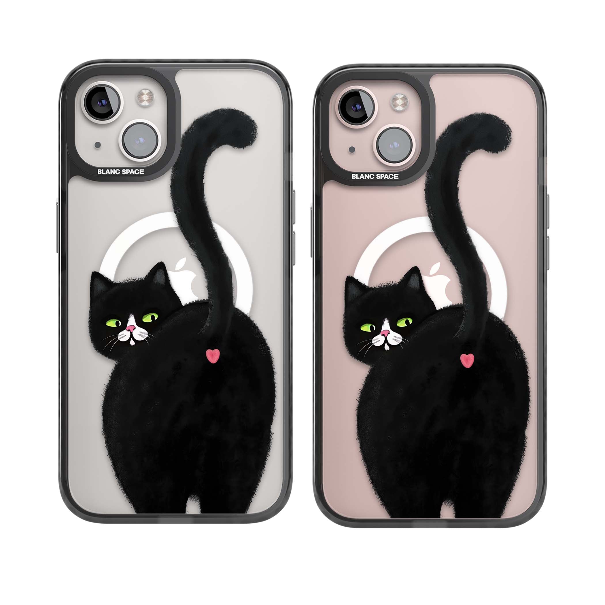 The Cat's Kiss cute cat iPhone case featuring a hand-painted tuxedo kitty with green eyes and a pink heart on a clear | Black Impact Magsafe case for iPhone 13, iPhone 14, iPhone 15