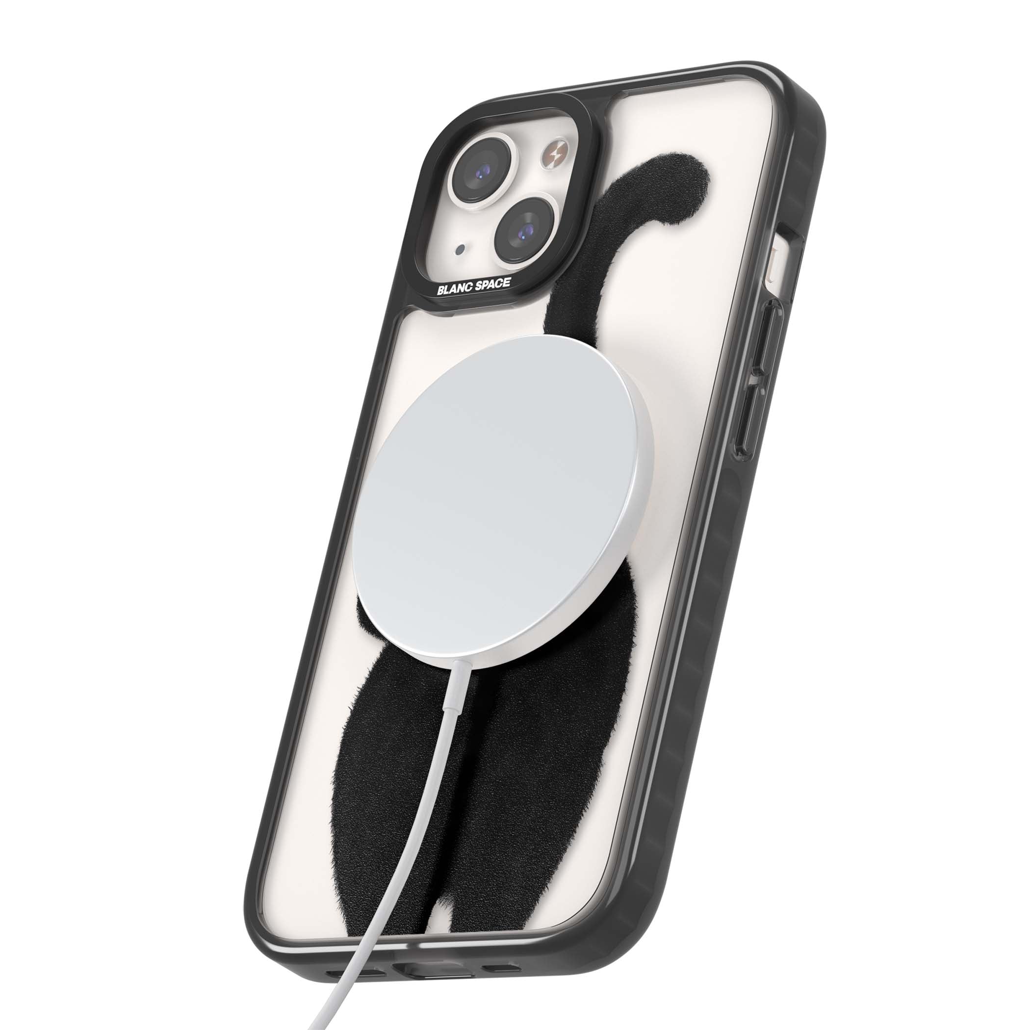 The Cat's Kiss cute cat iPhone case featuring a hand-painted tuxedo kitty with green eyes and a pink heart on a clear | Black Impact Magsafe case for iPhone 13, iPhone 14, iPhone 15