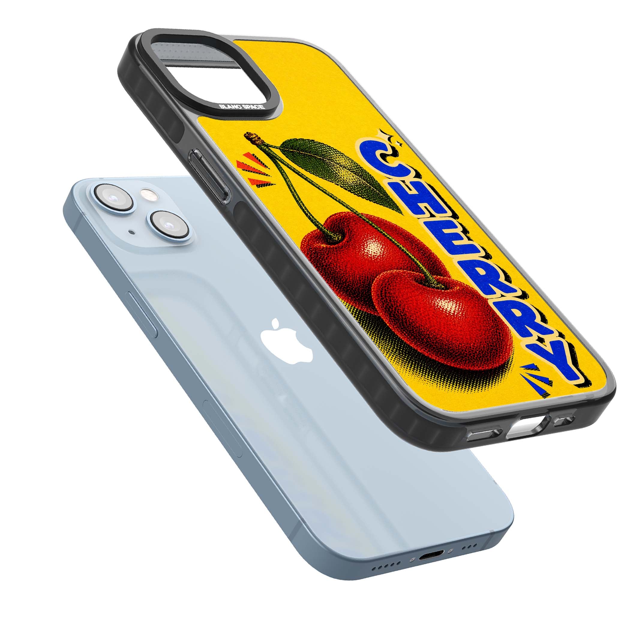 Cherry Yellow y2k iPhone case featuring two red cherries, halftone shading and bold blue CHERRY lettering on yellow | Black Impact Magsafe case for iPhone 13, iPhone 14, iPhone 15
