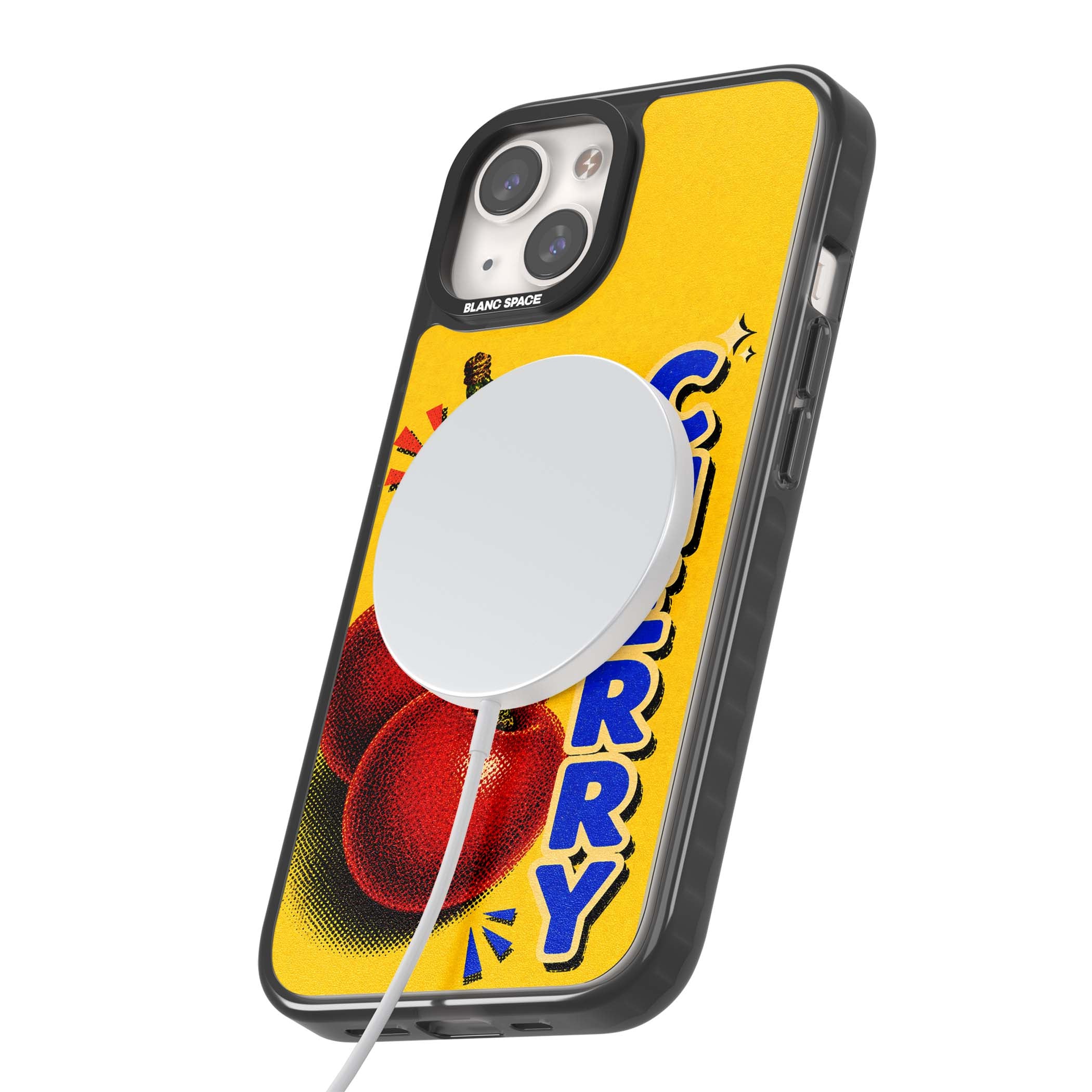 Cherry Yellow y2k iPhone case featuring two red cherries, halftone shading and bold blue CHERRY lettering on yellow | Black Impact Magsafe case for iPhone 13, iPhone 14, iPhone 15