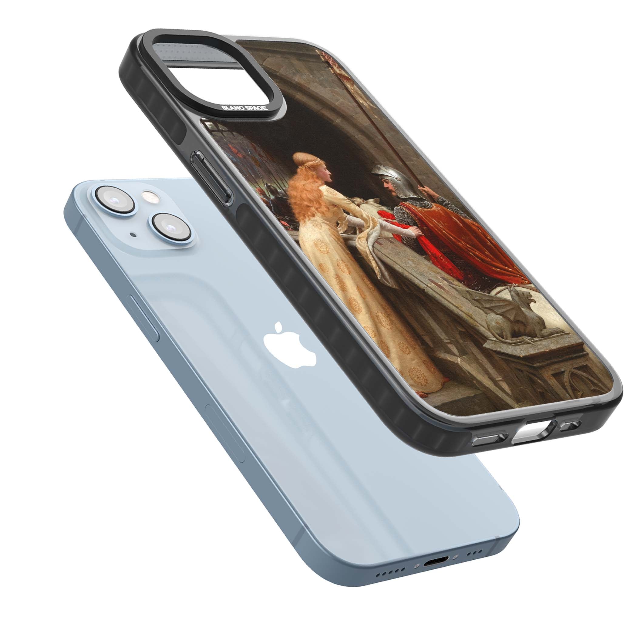 God Speed fine art iPhone case featuring Edmund Blair Leighton's medieval knight and lady beneath a stone archway | Black Impact Magsafe case for iPhone 13, iPhone 14, iPhone 15