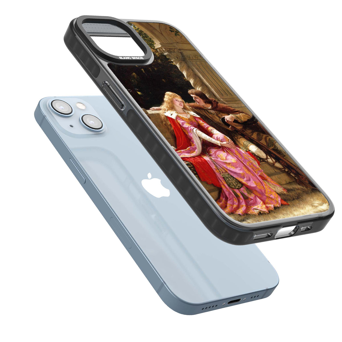 The End of the Song classic art iPhone case featuring a medieval lady in pink gown and her knight in a stone archway | Black Impact Magsafe case for iPhone 13, iPhone 14, iPhone 15
