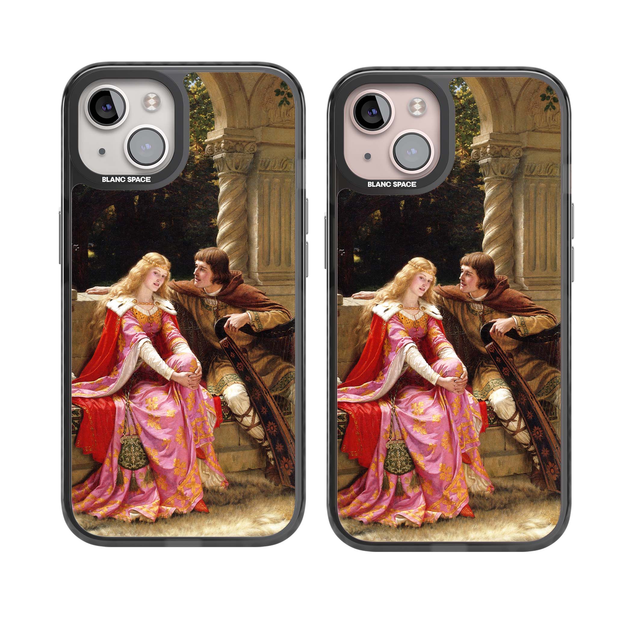 The End of the Song classic art iPhone case featuring a medieval lady in pink gown and her knight in a stone archway | Black Impact Magsafe case for iPhone 13, iPhone 14, iPhone 15