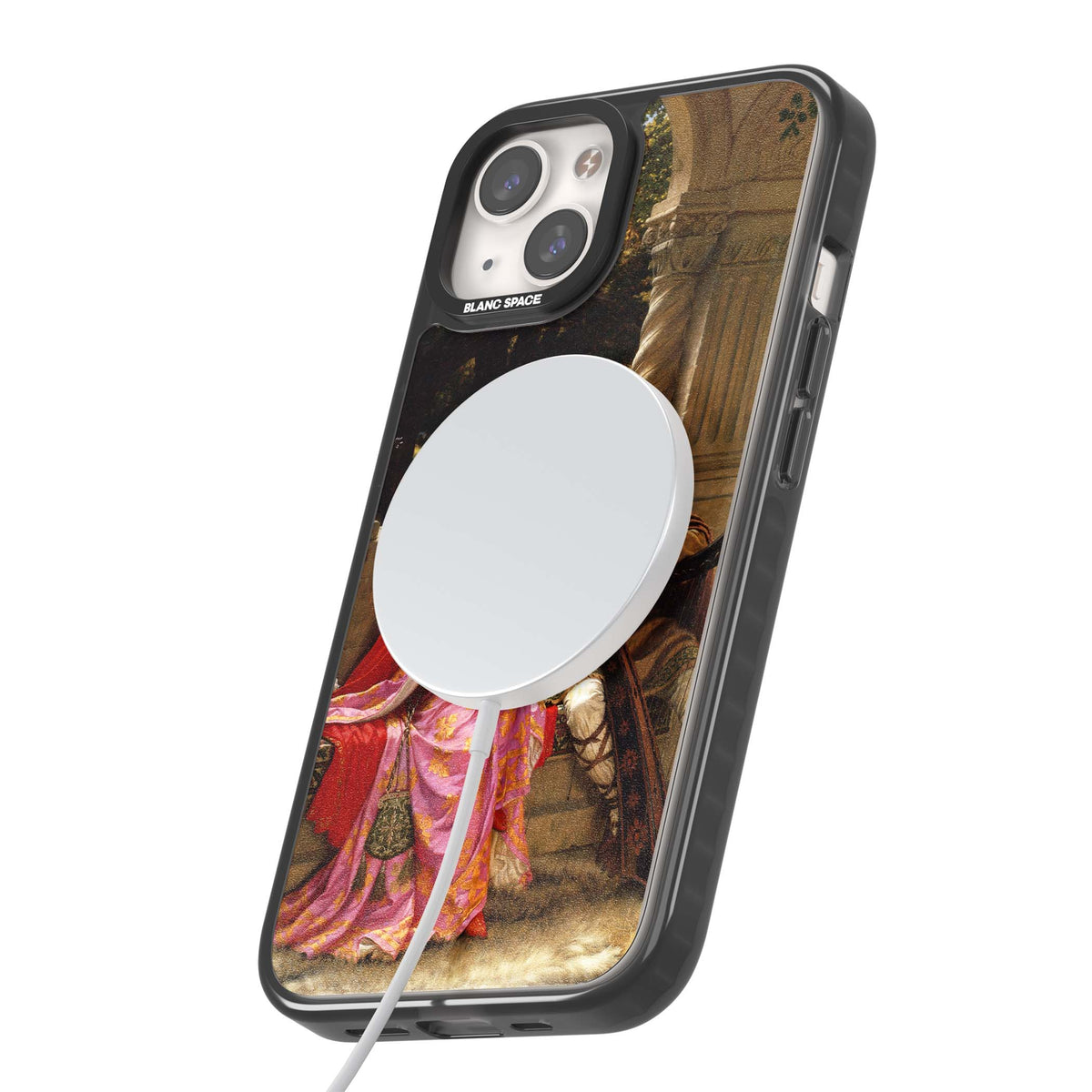 The End of the Song classic art iPhone case featuring a medieval lady in pink gown and her knight in a stone archway | Black Impact Magsafe case for iPhone 13, iPhone 14, iPhone 15