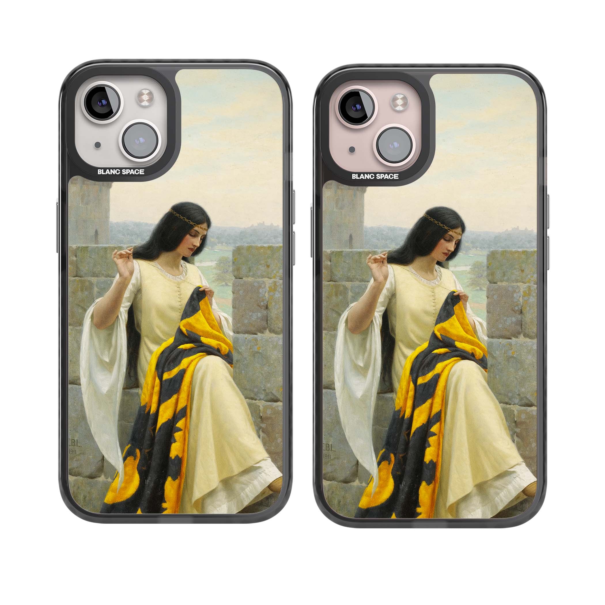 Stitching the Standard renaissance art iPhone case featuring a medieval lady sewing a golden banner on a castle wall | Black Impact Magsafe case for iPhone 13, iPhone 14, iPhone 15