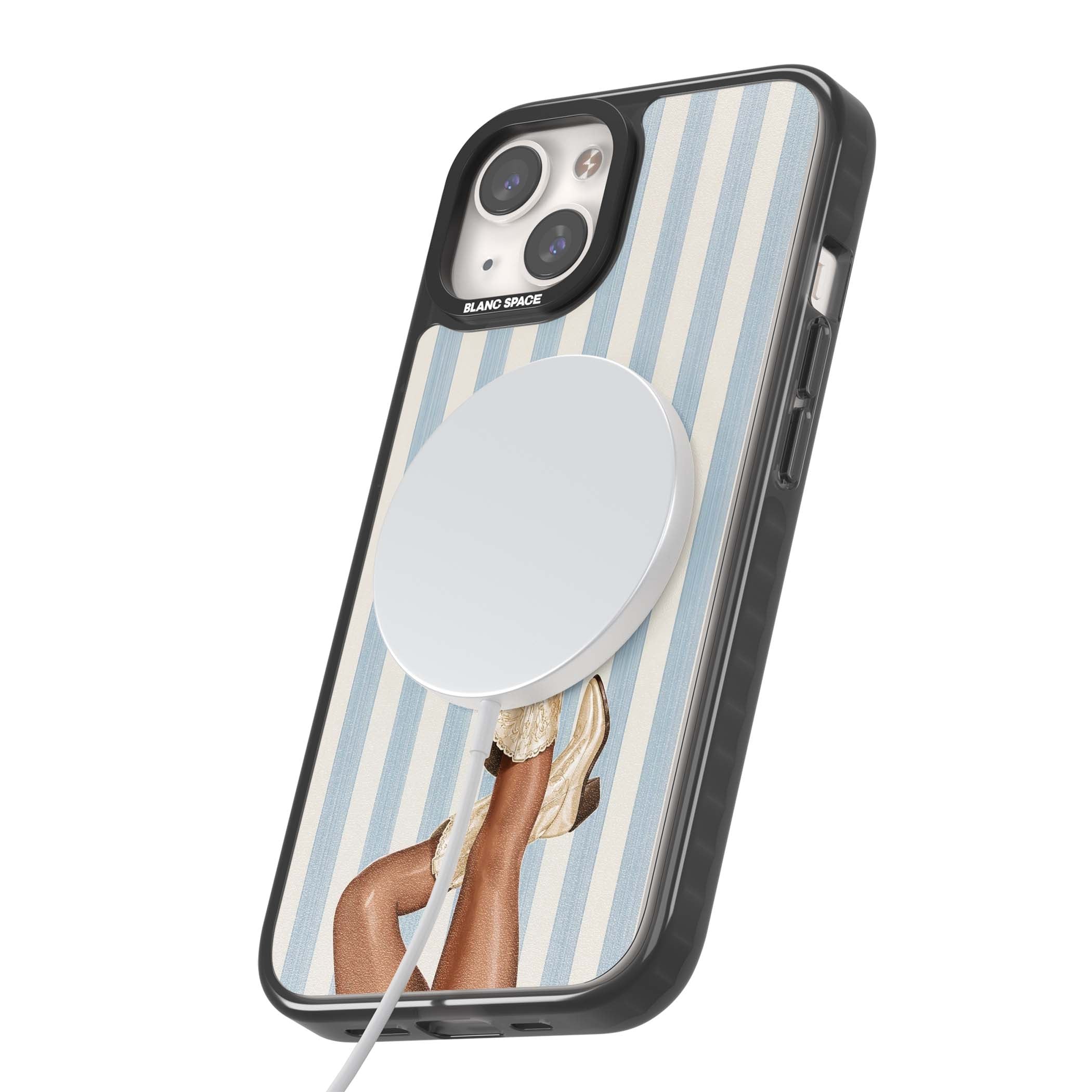 Cowgirl Boots coastal cowgirl iPhone case featuring embroidered western boots, tanned legs and a blue stripe backdrop | Black Impact Magsafe case for iPhone 13, iPhone 14, iPhone 15
