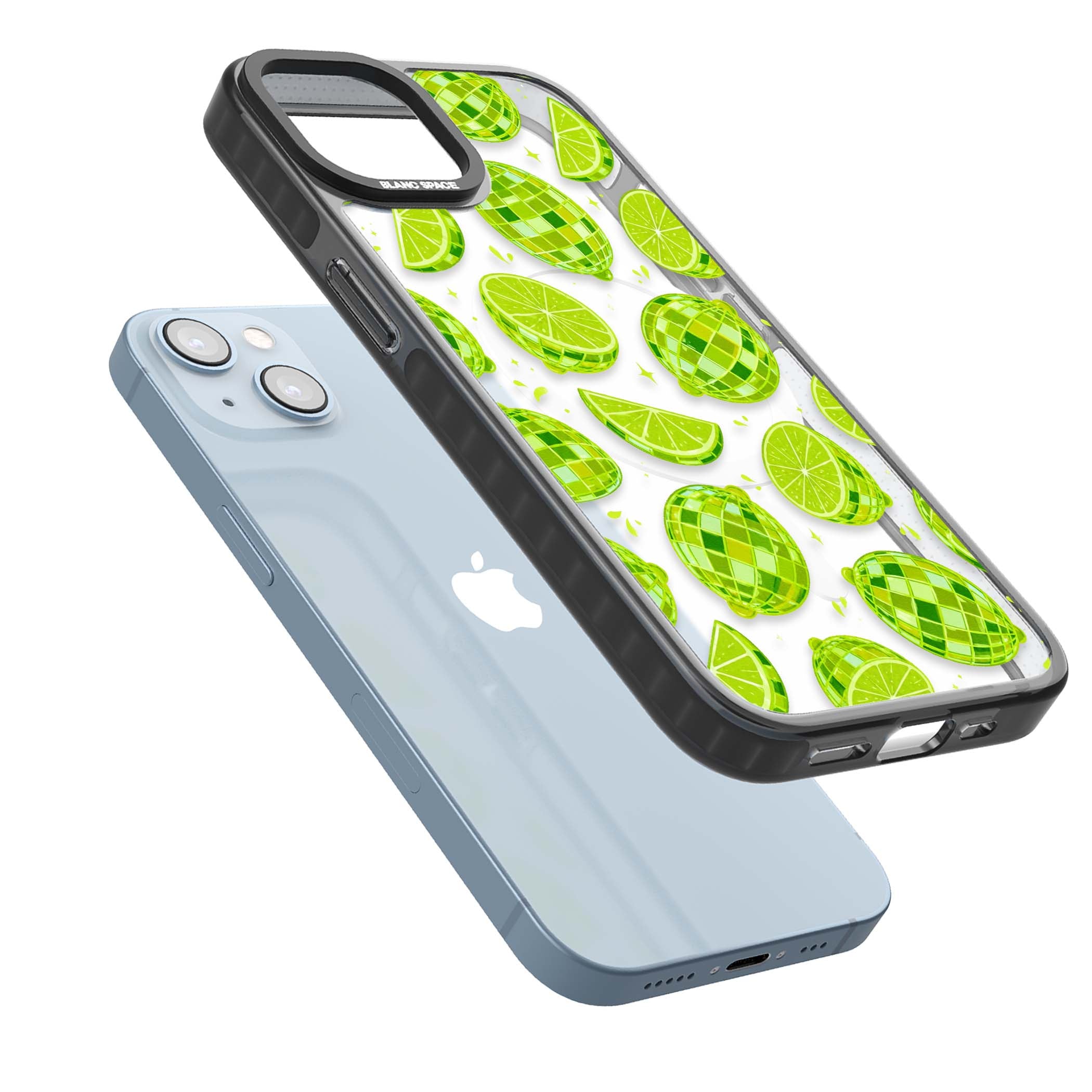 Disco Limes fruit aesthetic iPhone case featuring green disco balls, lime slices and citrus sparkles | Black Impact Magsafe case for iPhone 13, iPhone 14, iPhone 15