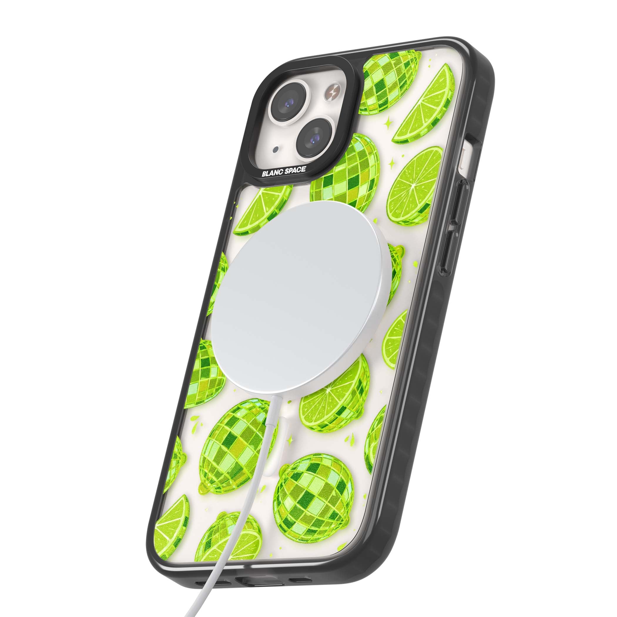 Disco Limes fruit aesthetic iPhone case featuring green disco balls, lime slices and citrus sparkles | Black Impact Magsafe case for iPhone 13, iPhone 14, iPhone 15