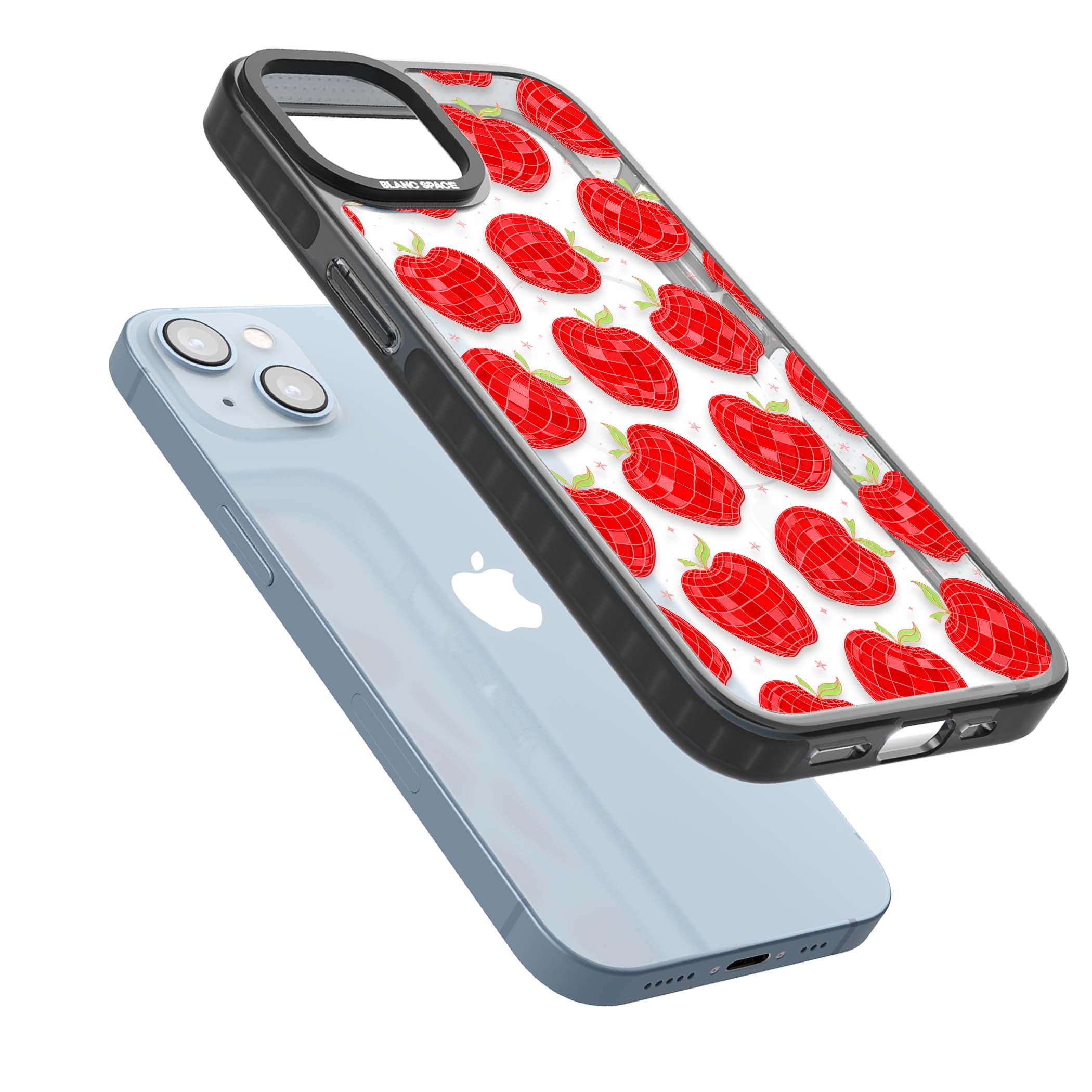 Disco Apples Y2K iPhone case featuring red disco ball apples, green leaves and pink sparkles on clear | Black Impact Magsafe case for iPhone 13, iPhone 14, iPhone 15