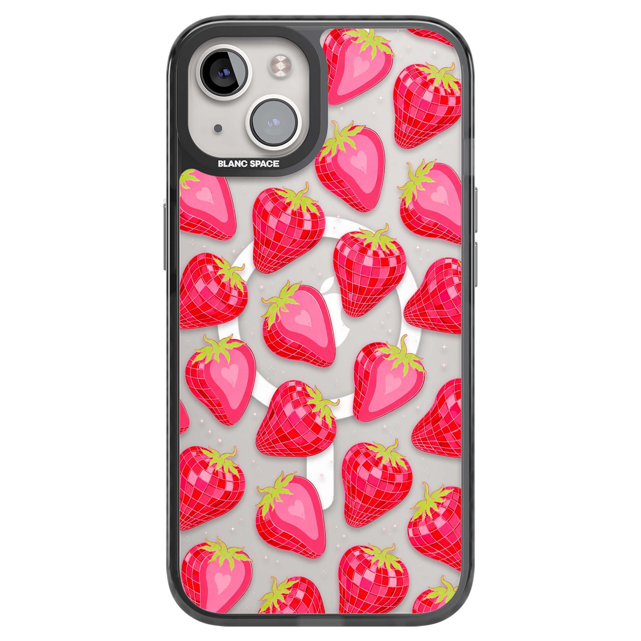 Disco Strawberry Y2K iPhone case featuring pink disco-ball strawberries, green leaves and tiny sparkles | Black Impact Magsafe case for iPhone 13, iPhone 14, iPhone 15