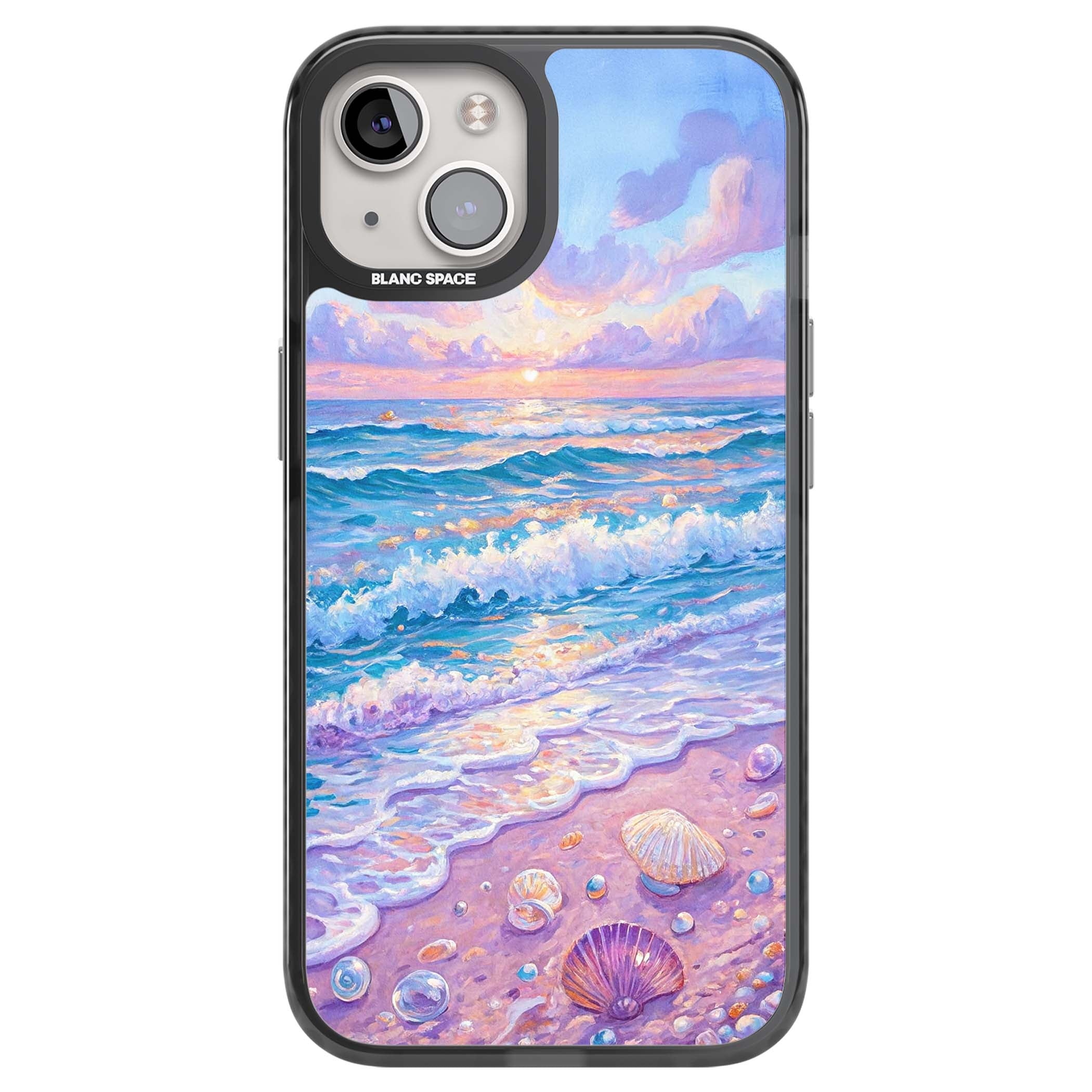 Pearl Shore coastal iPhone case featuring pastel painted waves, seashells, and a sunrise sky over a lavender beach. | Black Impact Magsafe case for iPhone 13, iPhone 14, iPhone 15