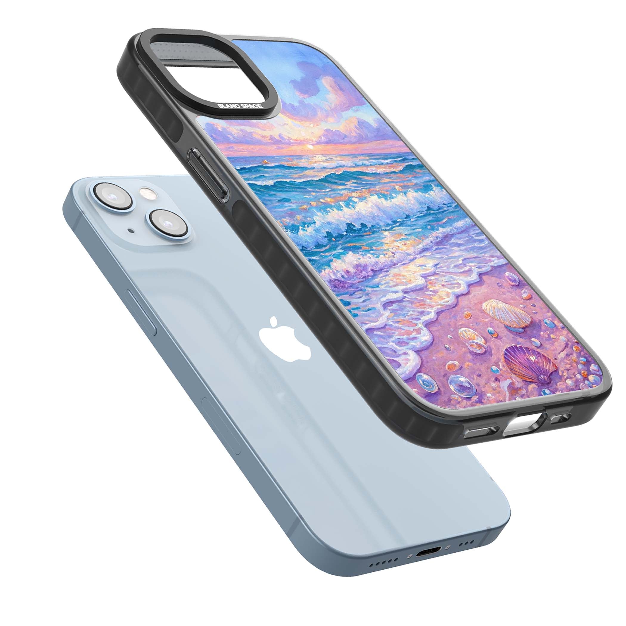 Pearl Shore coastal iPhone case featuring pastel painted waves, seashells, and a sunrise sky over a lavender beach. | Black Impact Magsafe case for iPhone 13, iPhone 14, iPhone 15