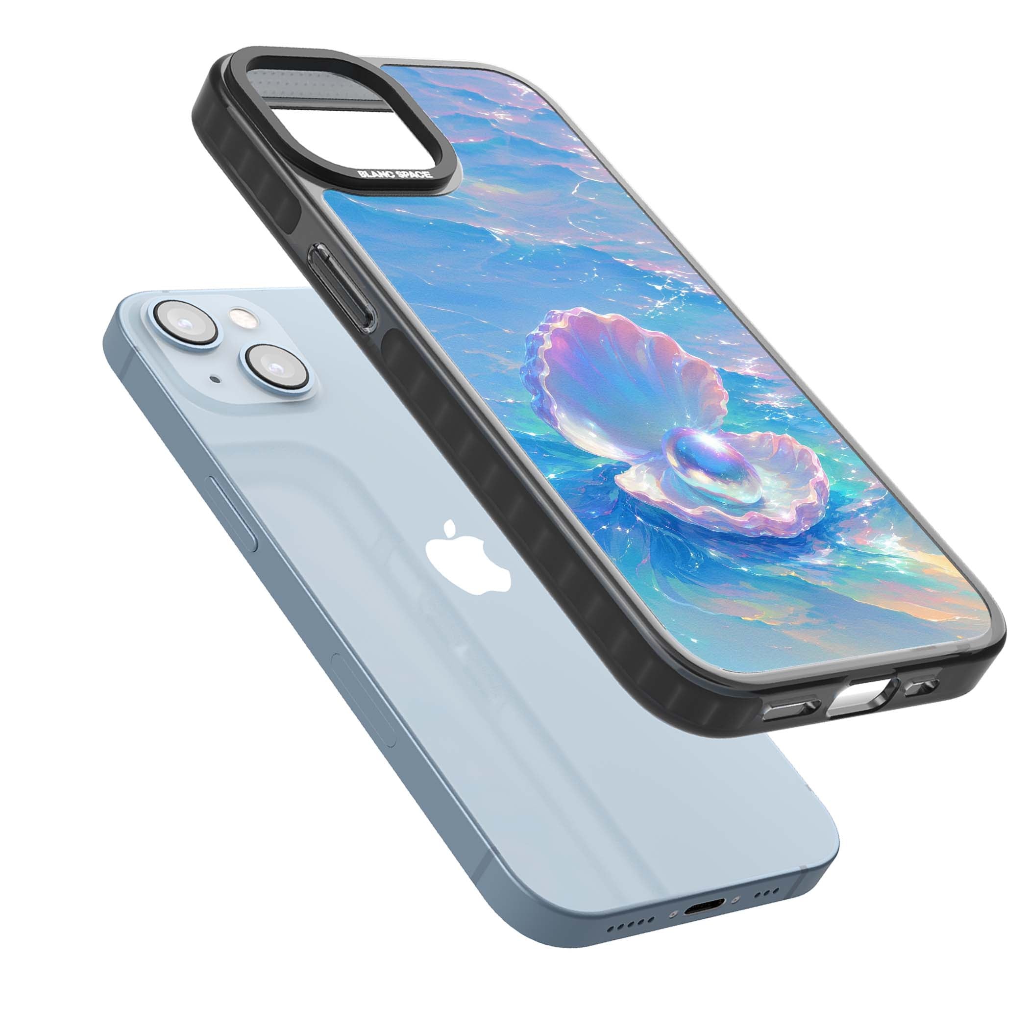 The Pearl Clam mermaidcore iPhone case featuring iridescent seashell, glowing pearl and pastel ocean waves | Black Impact Magsafe case for iPhone 13, iPhone 14, iPhone 15