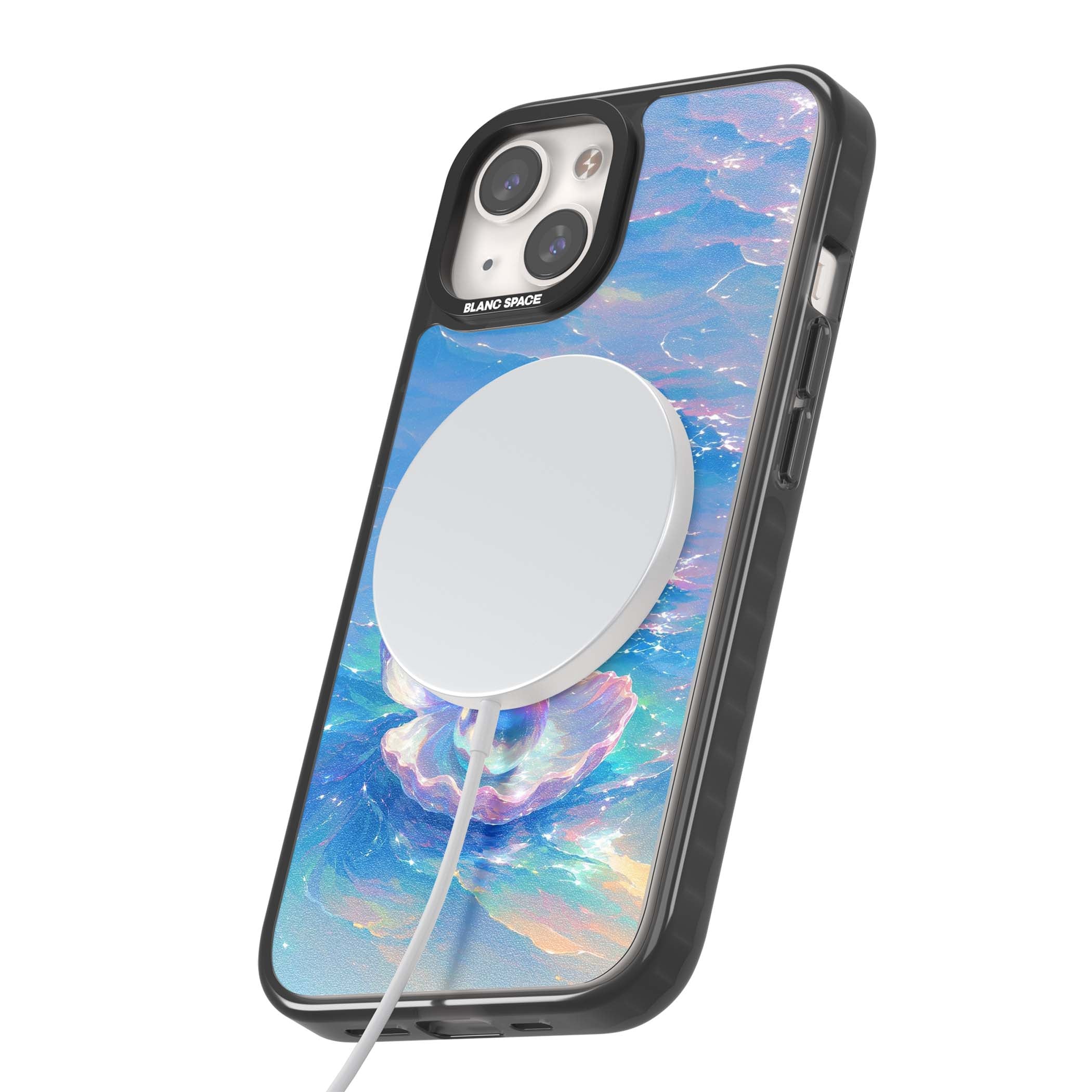 The Pearl Clam mermaidcore iPhone case featuring iridescent seashell, glowing pearl and pastel ocean waves | Black Impact Magsafe case for iPhone 13, iPhone 14, iPhone 15