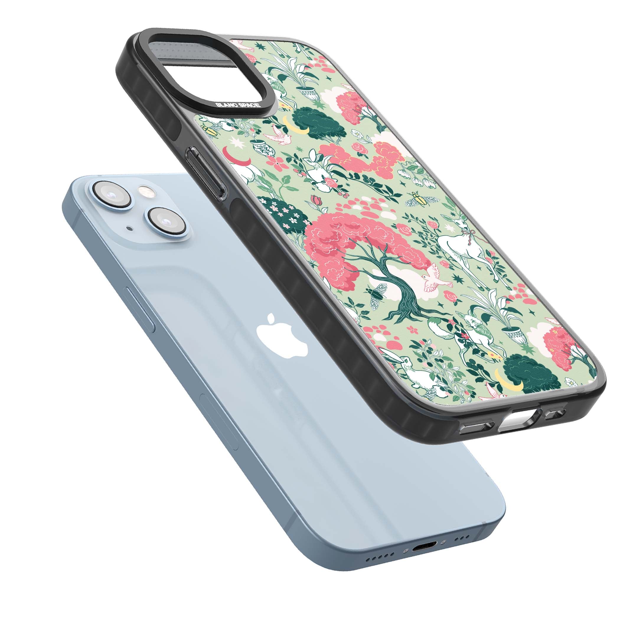 Enchanted Woodland cottagecore iPhone case featuring white deer, pink roses, mushrooms and woodland animals on sage green | Black Impact Magsafe case for iPhone 13, iPhone 14, iPhone 15