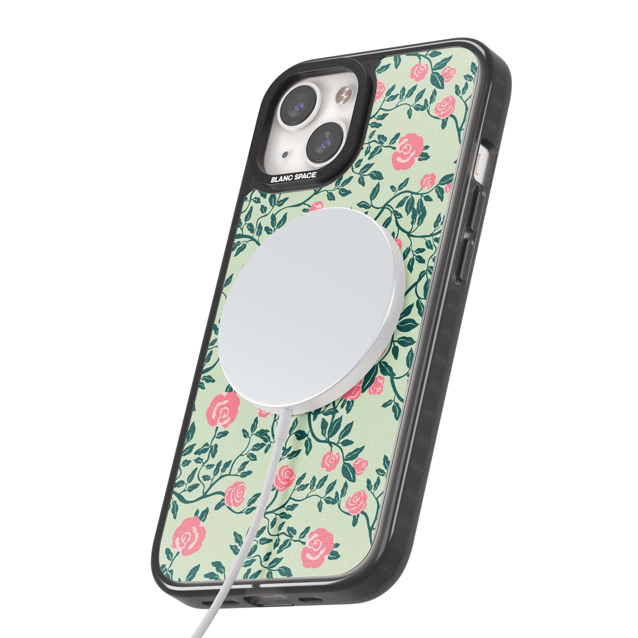 Rose Trellis cottagecore iPhone case featuring pink roses, sage green vines, and mint background | Black Impact Magsafe case for iPhone 13, iPhone 14, iPhone 15