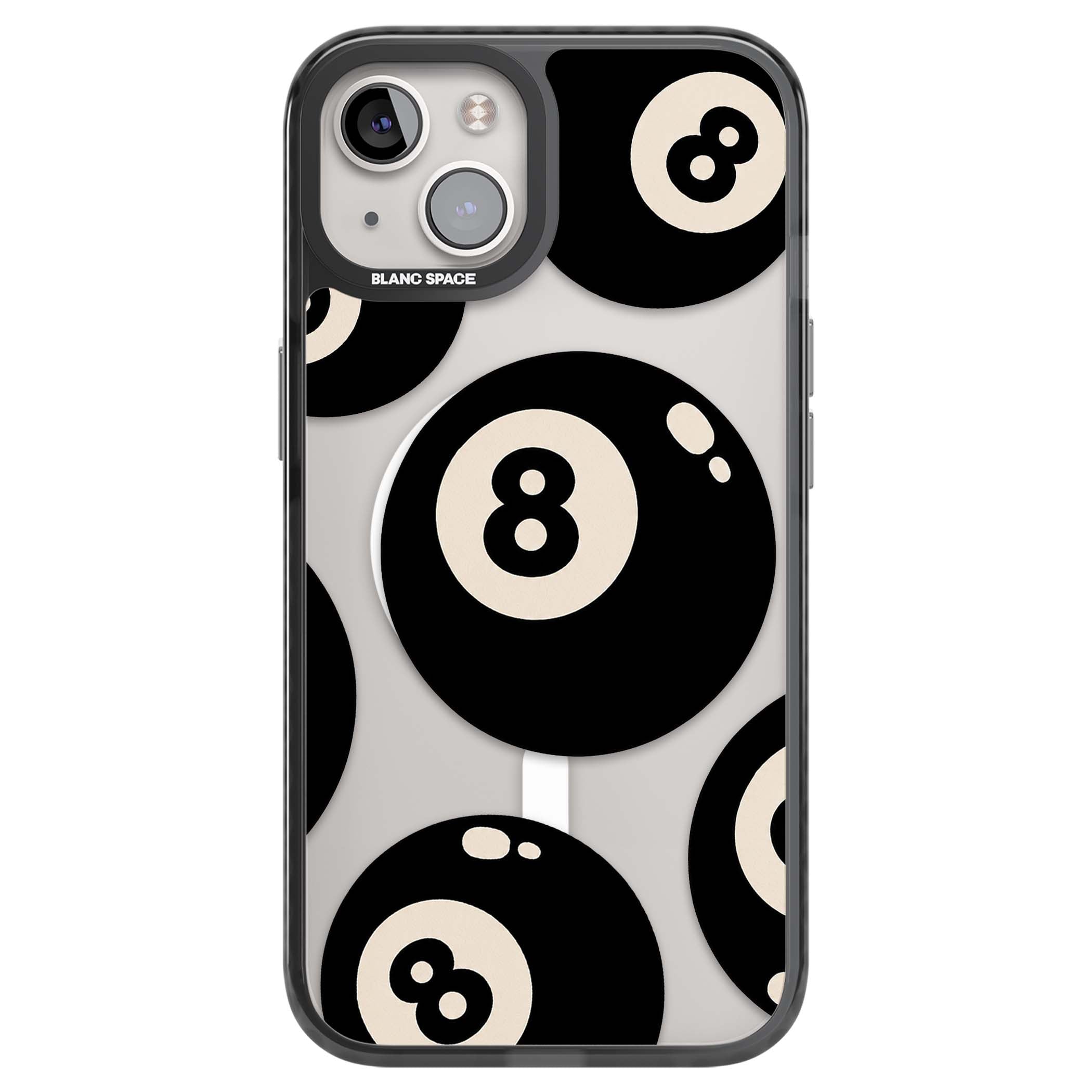 Eights y2k iPhone case featuring scattered black 8 balls with cream highlights on a clear background | Black Impact Magsafe case for iPhone 13, iPhone 14, iPhone 15