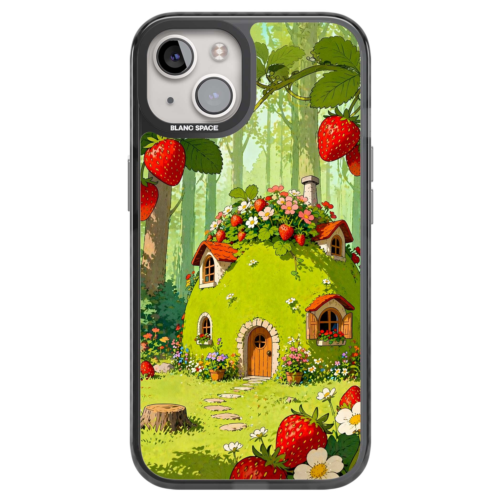 Strawberry Cottage cottagecore iPhone case featuring a green fairy house, wild strawberries and enchanted forest flowers | Black Impact Magsafe case for iPhone 13, iPhone 14, iPhone 15