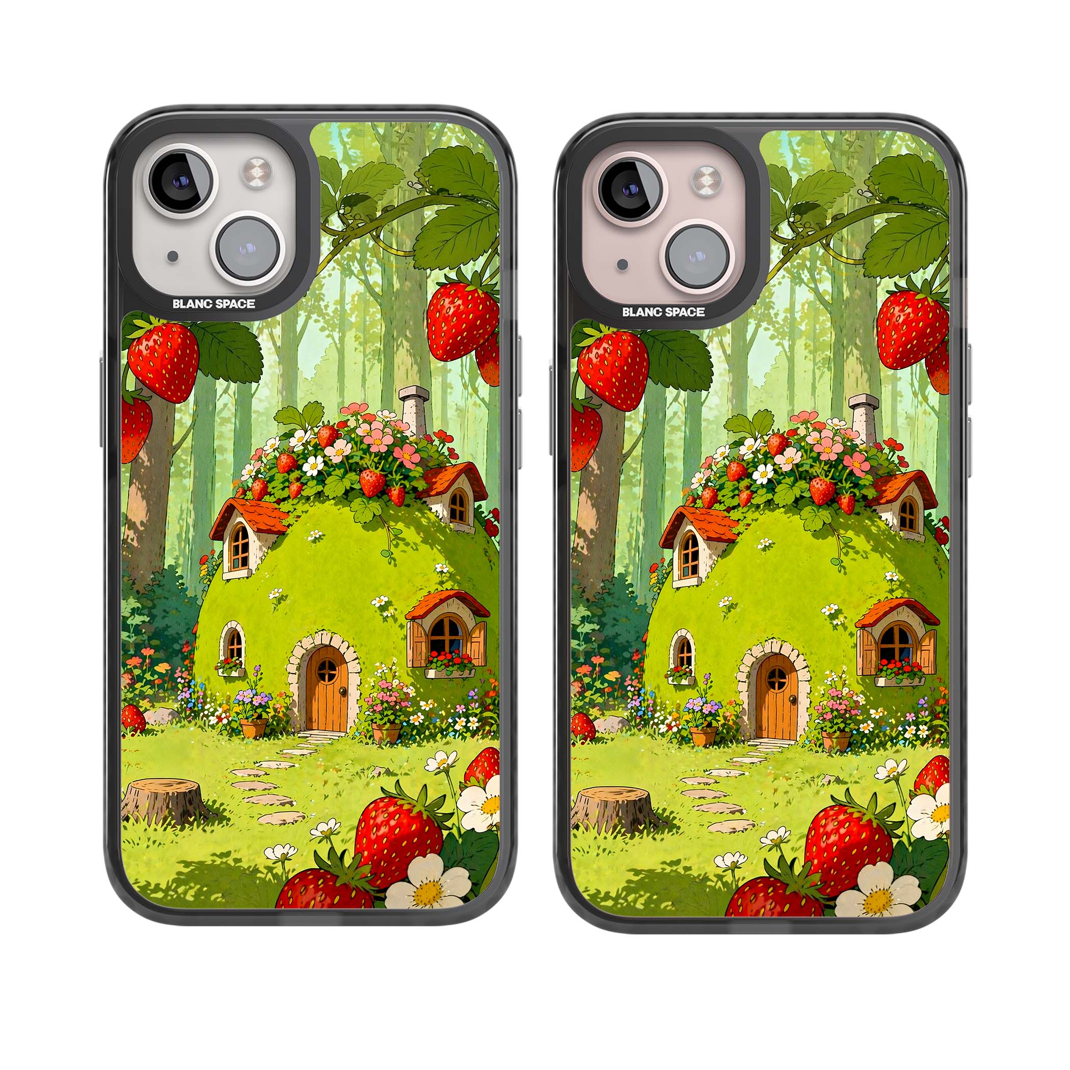 Strawberry Cottage cottagecore iPhone case featuring a green fairy house, wild strawberries and enchanted forest flowers | Black Impact Magsafe case for iPhone 13, iPhone 14, iPhone 15