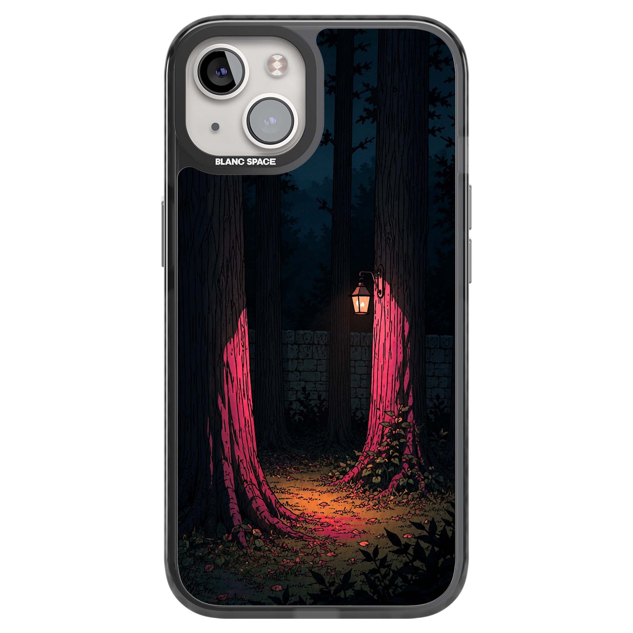 Forest Lantern dark academia iPhone case featuring a moonlit forest, glowing lantern, and stone wall pathway | Black Impact Magsafe case for iPhone 13, iPhone 14, iPhone 15