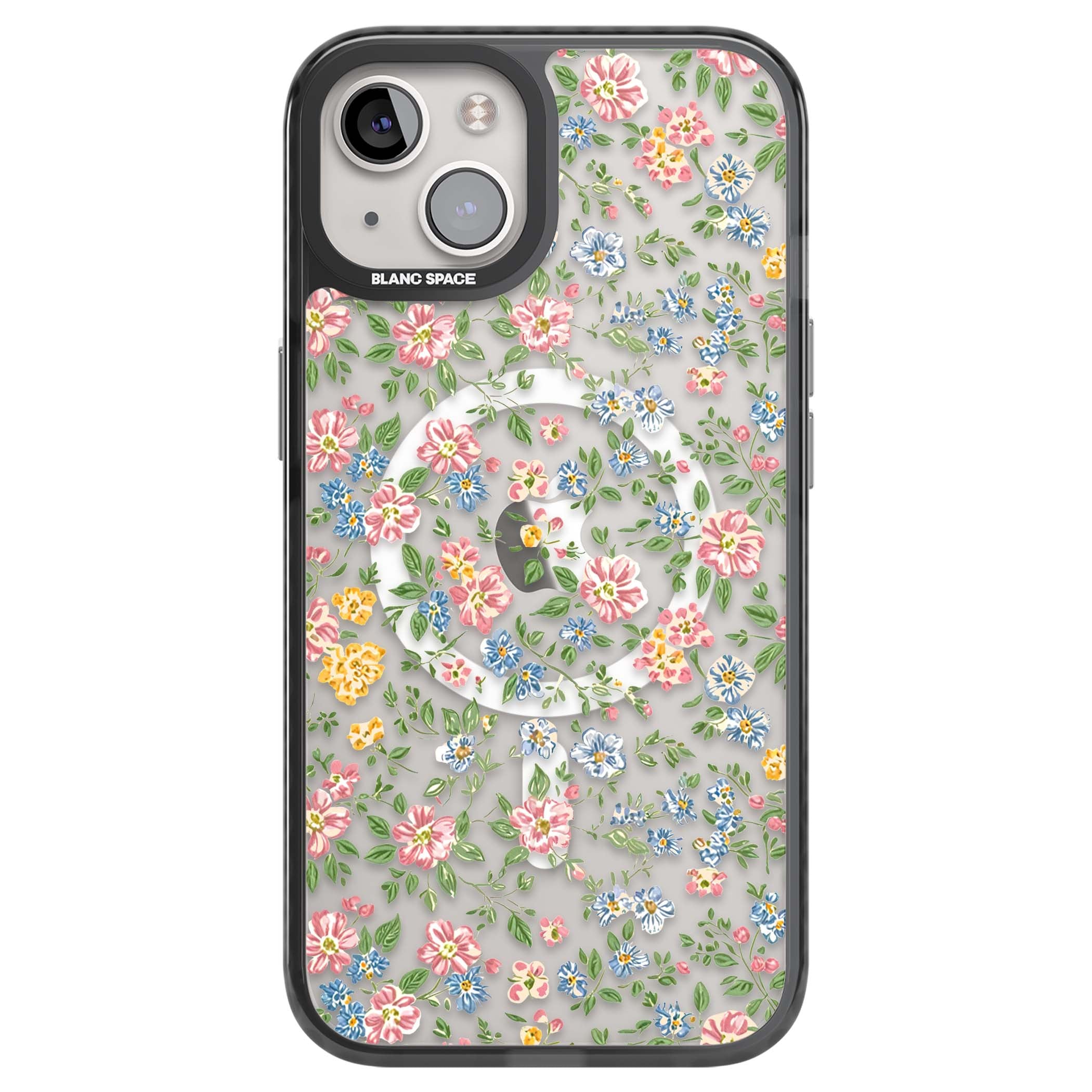 Soft Meadow cottagecore iPhone case featuring pink cosmos, blue forget-me-nots, yellow buttercups and green leaves sca | Black Impact Magsafe case for iPhone 13, iPhone 14, iPhone 15
