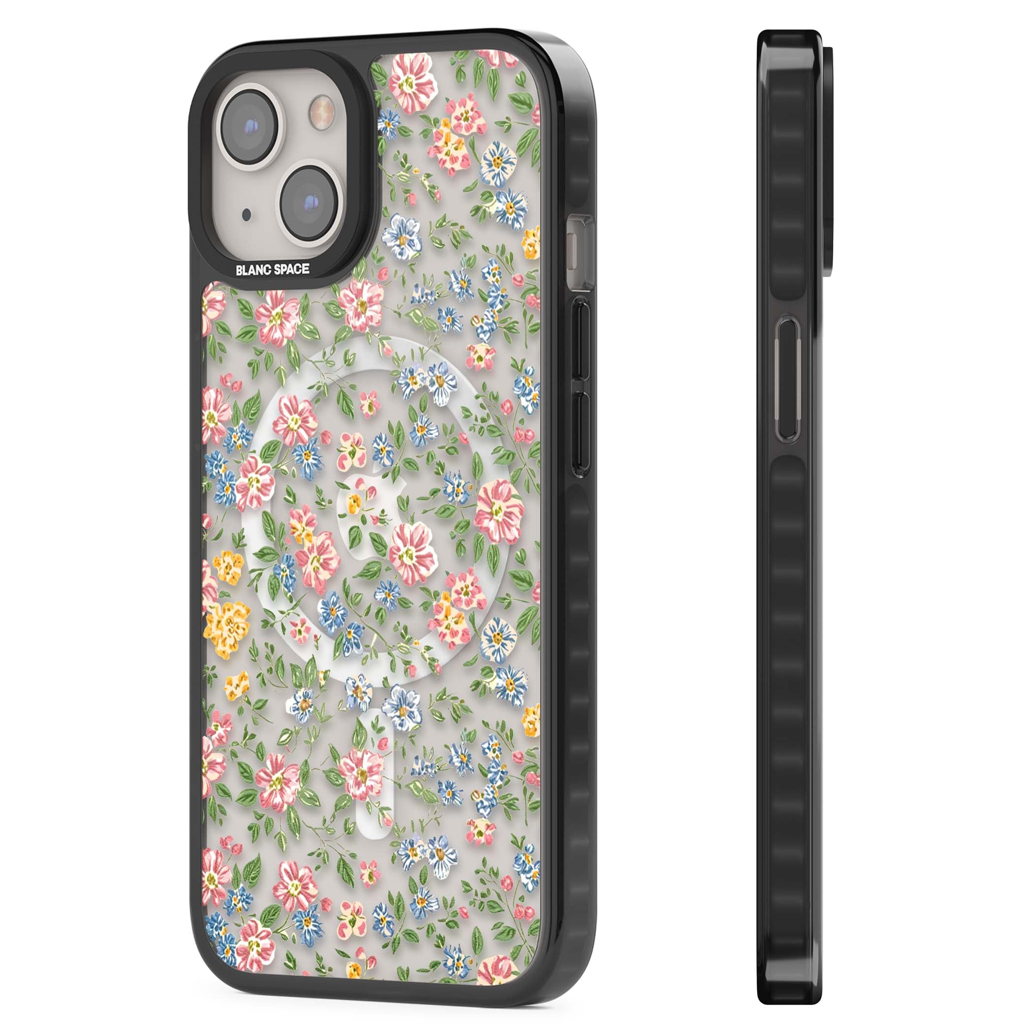 Soft Meadow cottagecore iPhone case featuring pink cosmos, blue forget-me-nots, yellow buttercups and green leaves sca | Black Impact Magsafe case for iPhone 13, iPhone 14, iPhone 15