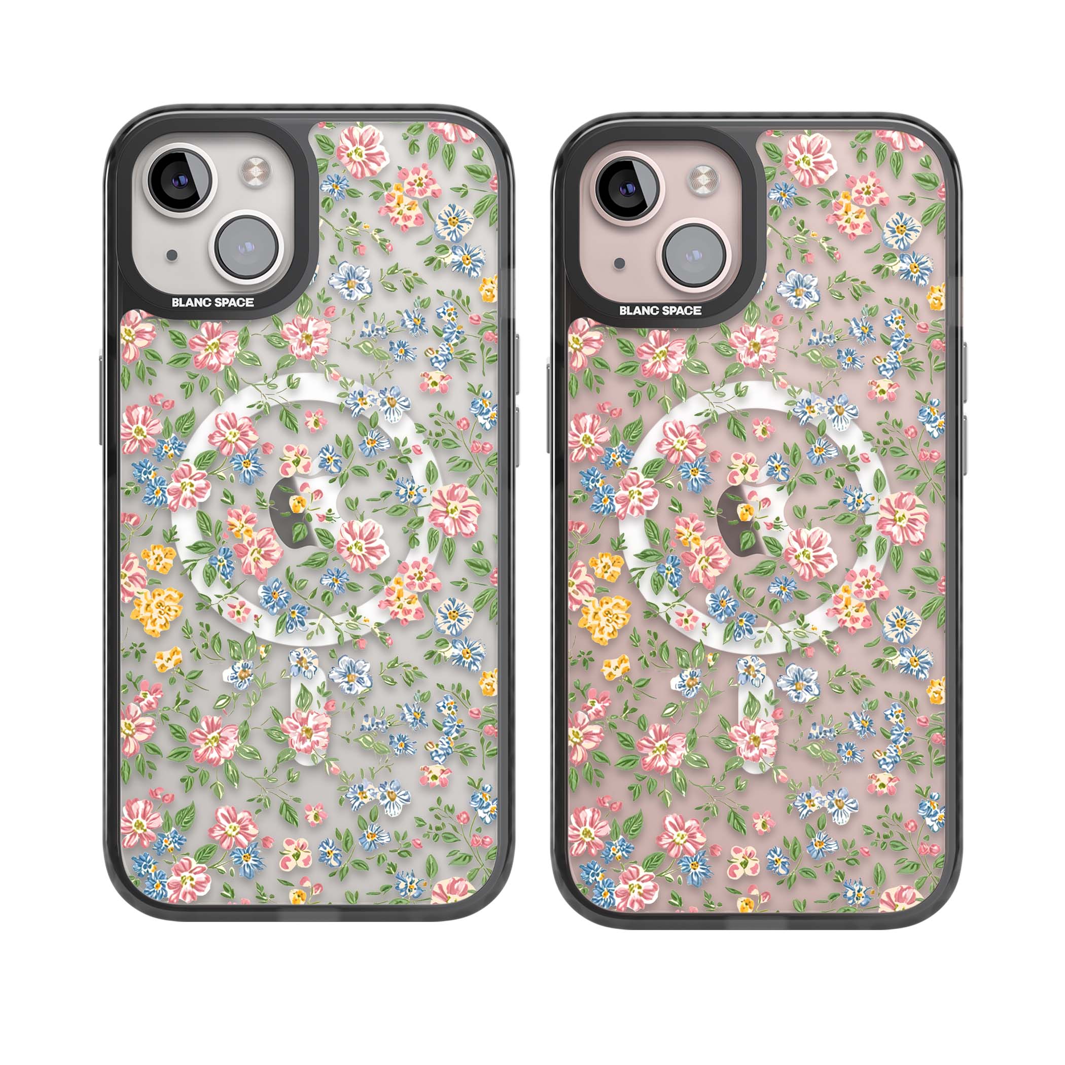 Soft Meadow cottagecore iPhone case featuring pink cosmos, blue forget-me-nots, yellow buttercups and green leaves sca | Black Impact Magsafe case for iPhone 13, iPhone 14, iPhone 15