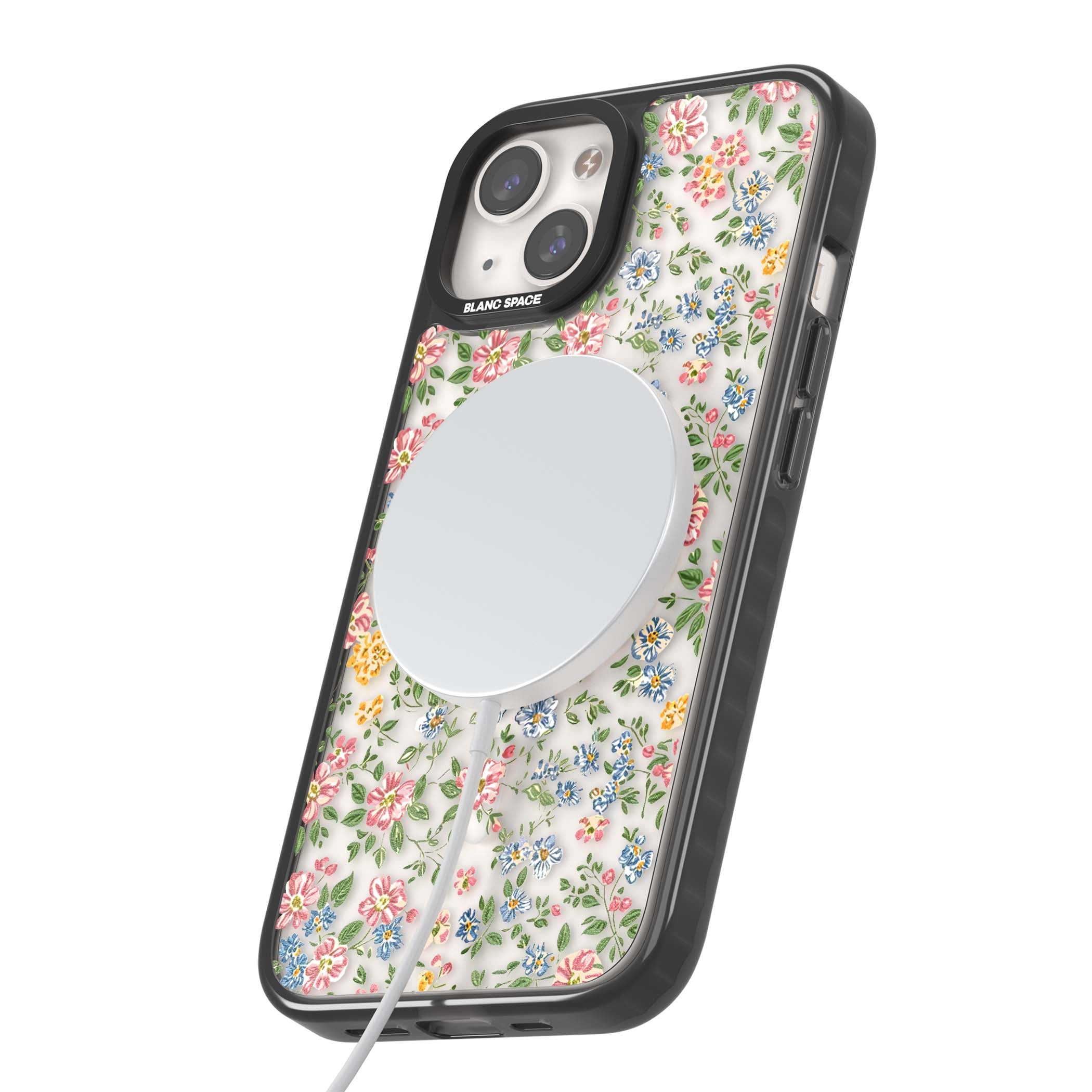 Soft Meadow cottagecore iPhone case featuring pink cosmos, blue forget-me-nots, yellow buttercups and green leaves sca | Black Impact Magsafe case for iPhone 13, iPhone 14, iPhone 15