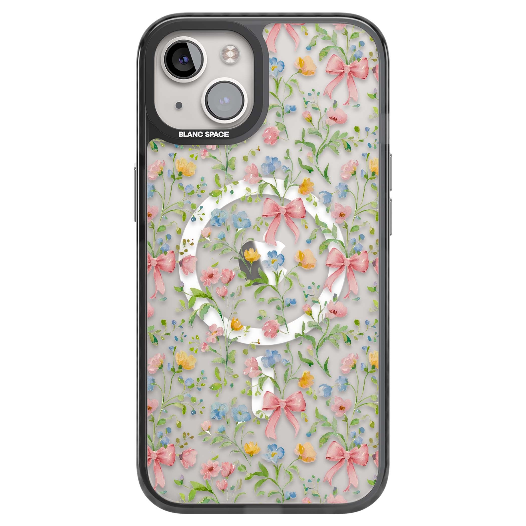 Ribbons & Wildflowers cottagecore iPhone case featuring watercolor wildflowers, pink satin bows, and delicate spring blooms o | Black Impact Magsafe case for iPhone 13, iPhone 14, iPhone 15