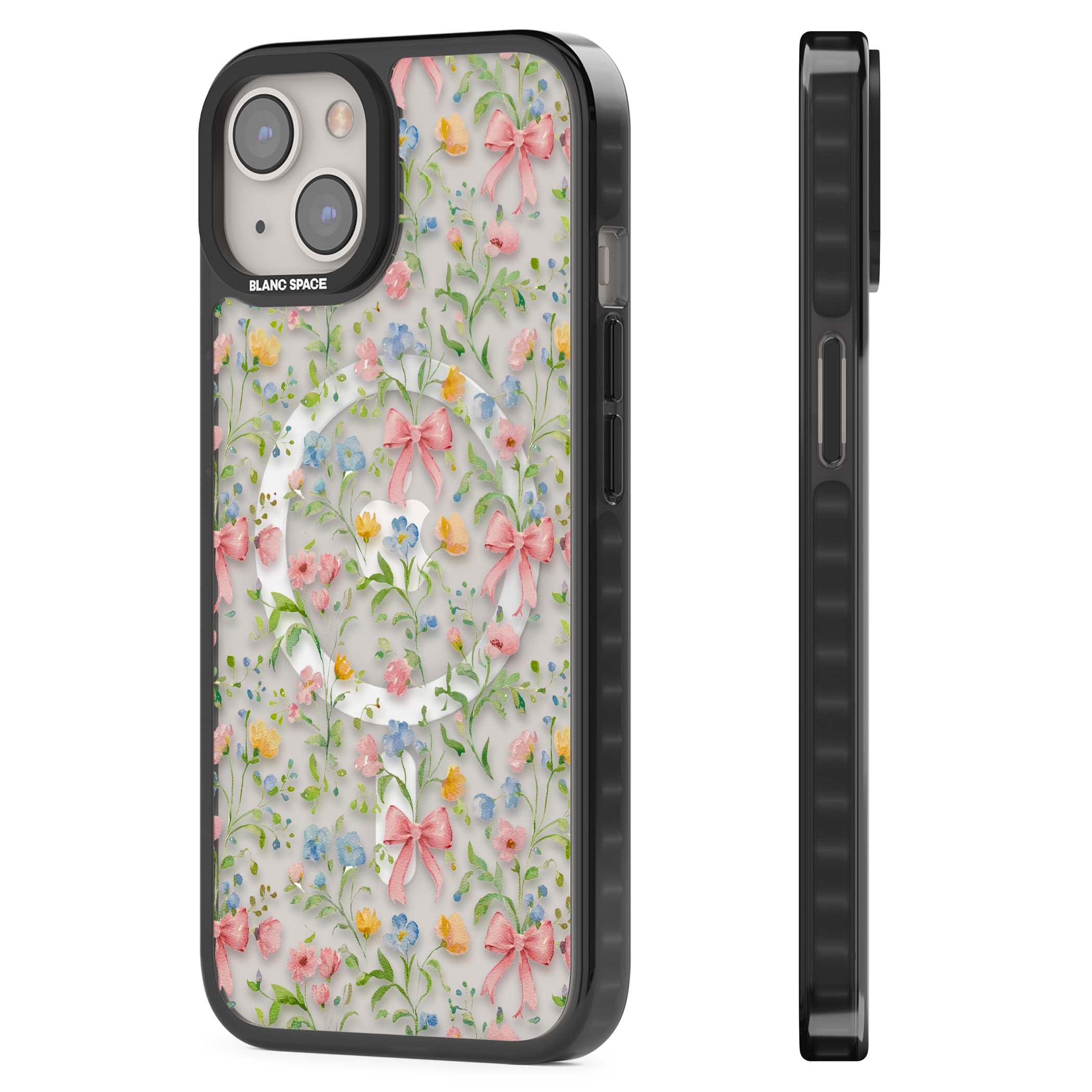 Ribbons & Wildflowers cottagecore iPhone case featuring watercolor wildflowers, pink satin bows, and delicate spring blooms o | Black Impact Magsafe case for iPhone 13, iPhone 14, iPhone 15