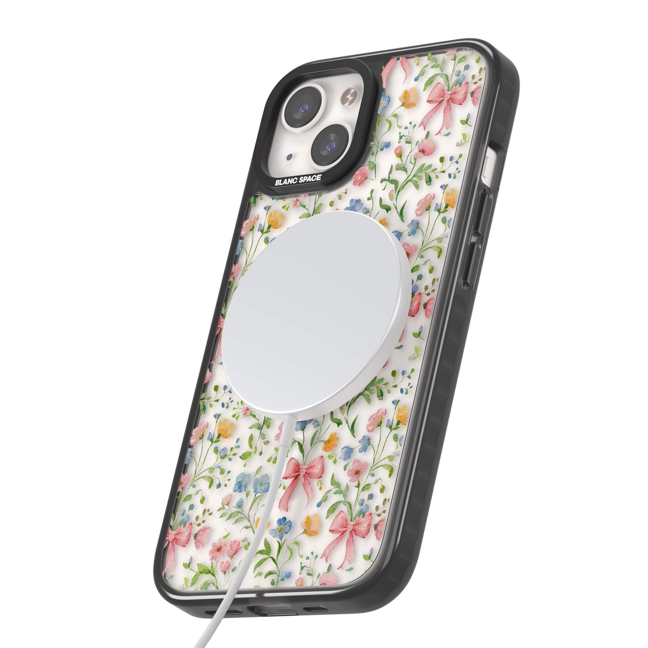 Ribbons & Wildflowers cottagecore iPhone case featuring watercolor wildflowers, pink satin bows, and delicate spring blooms o | Black Impact Magsafe case for iPhone 13, iPhone 14, iPhone 15