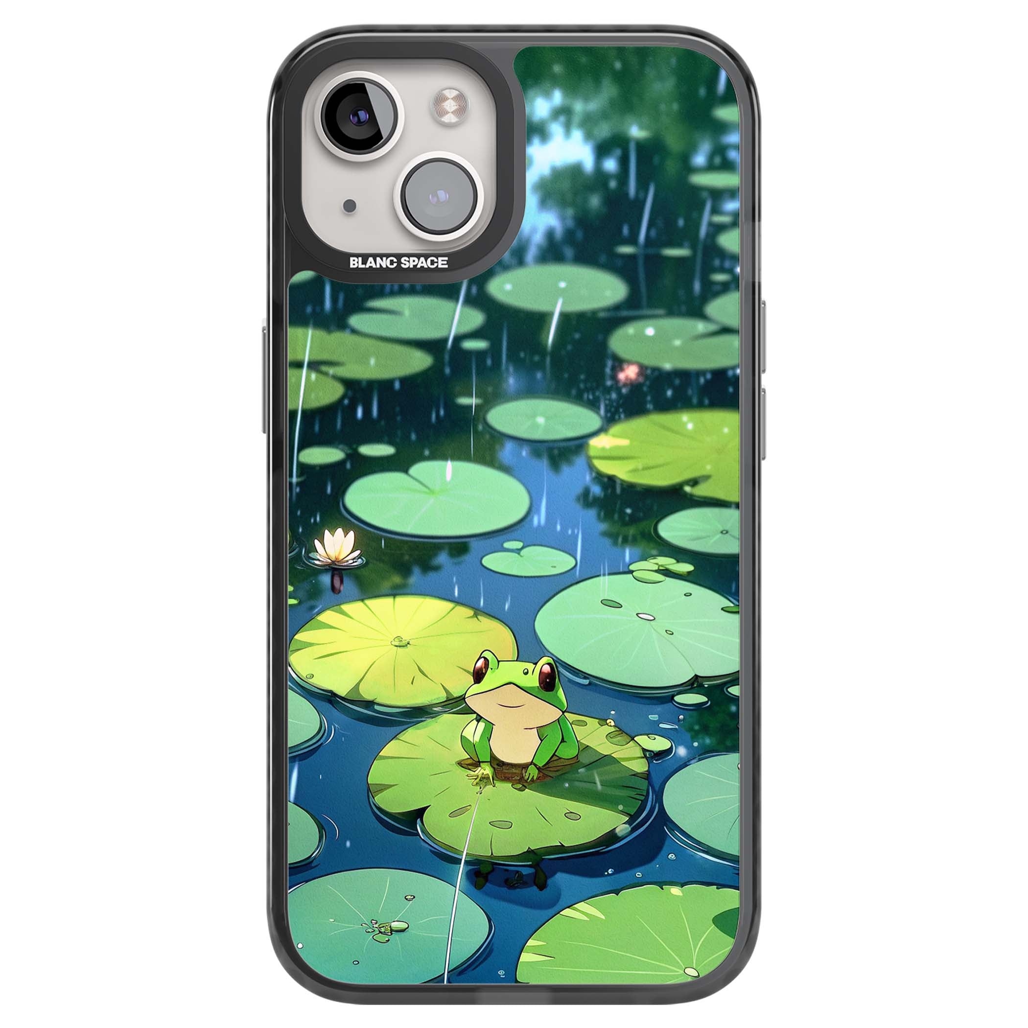 Frog In Lily Pond cottagecore iPhone case featuring a cute green frog on a lily pad with falling rain and a lotus flower | Black Impact Magsafe case for iPhone 13, iPhone 14, iPhone 15