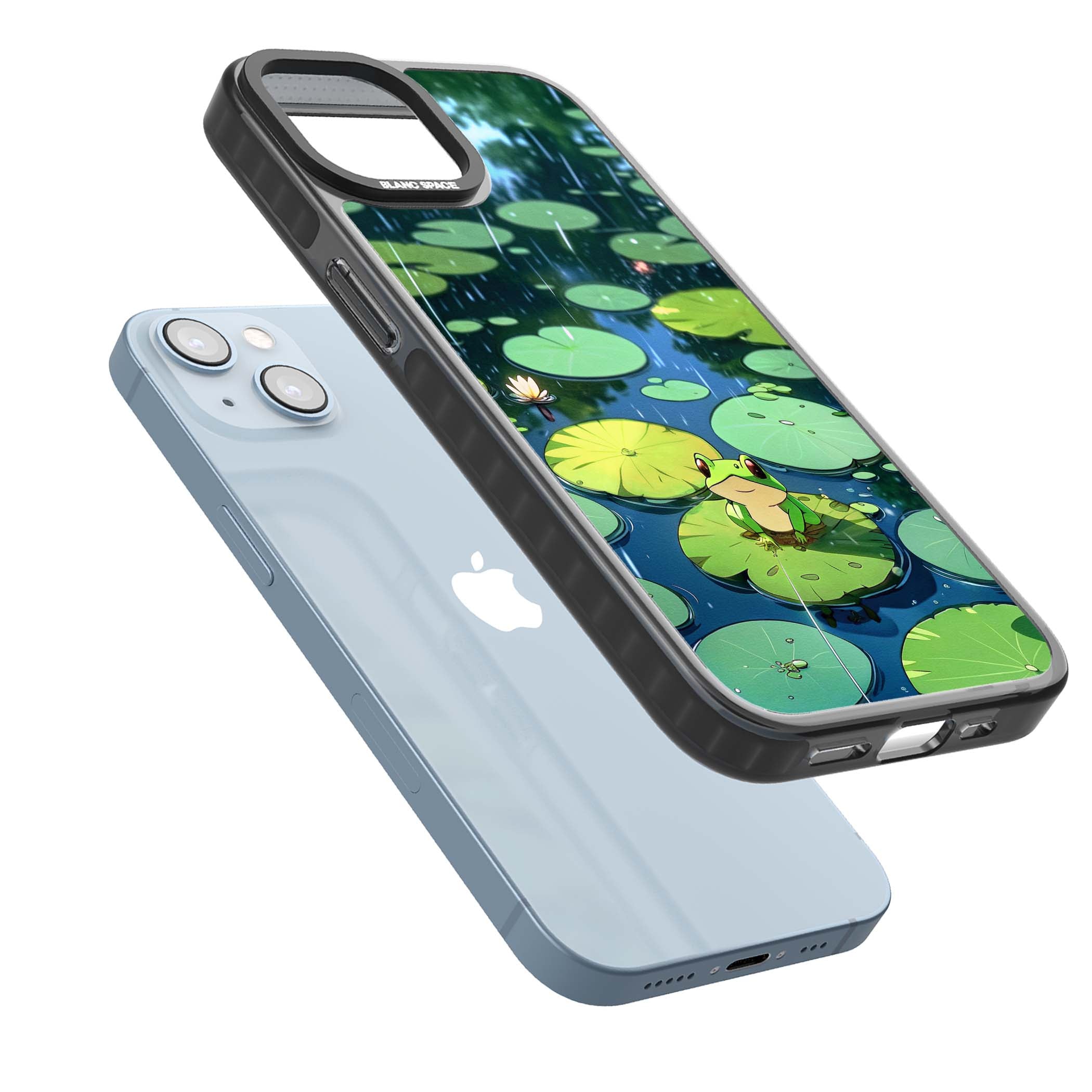 Frog In Lily Pond cottagecore iPhone case featuring a cute green frog on a lily pad with falling rain and a lotus flower | Black Impact Magsafe case for iPhone 13, iPhone 14, iPhone 15